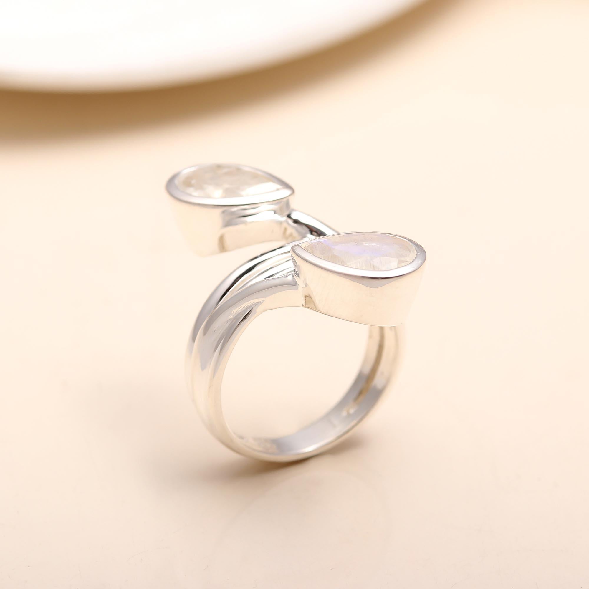 925 Silver Dual Pear Moonstone Wrap Ring close-up