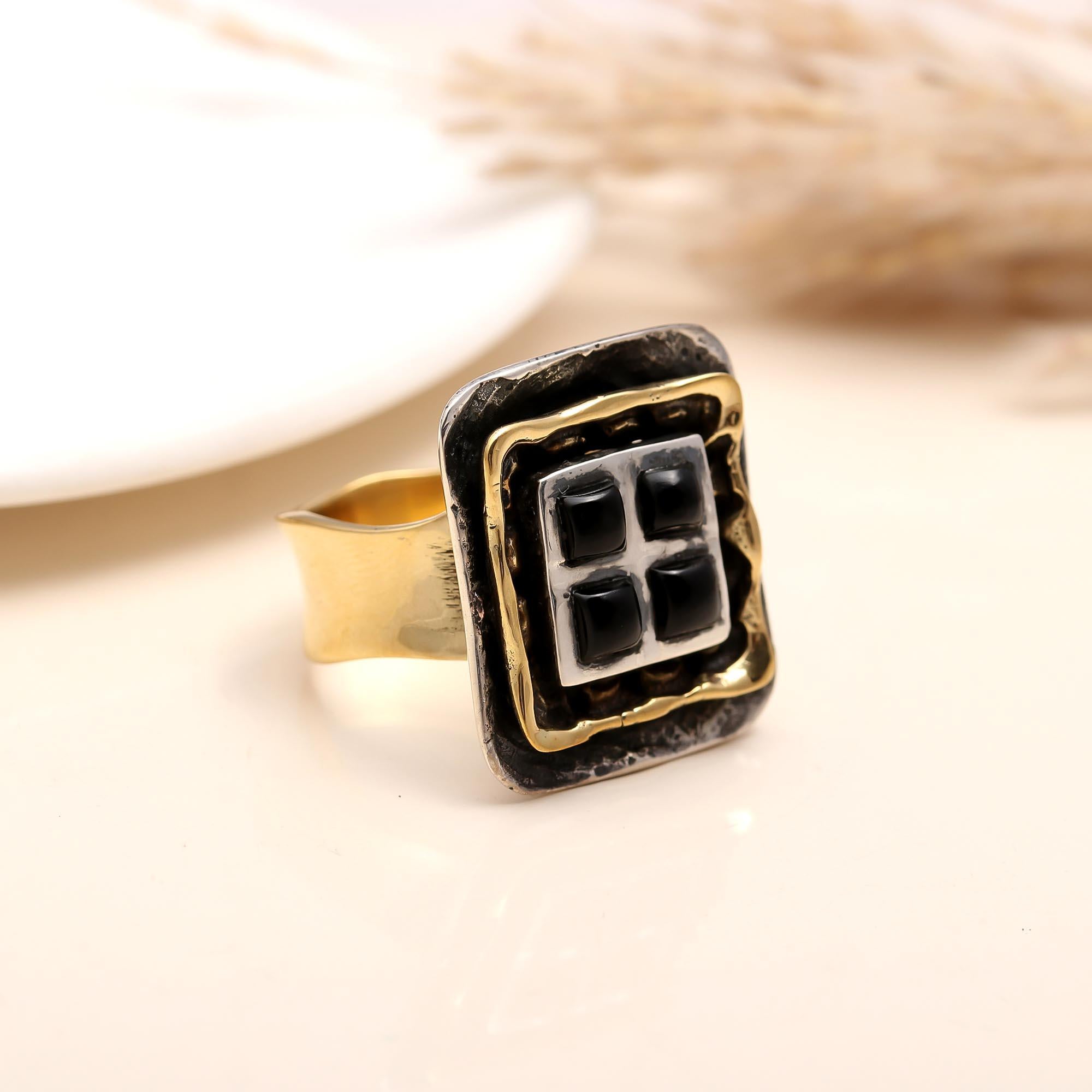 925 Silver Gold Plated Square Onyx Statement Ring close-up