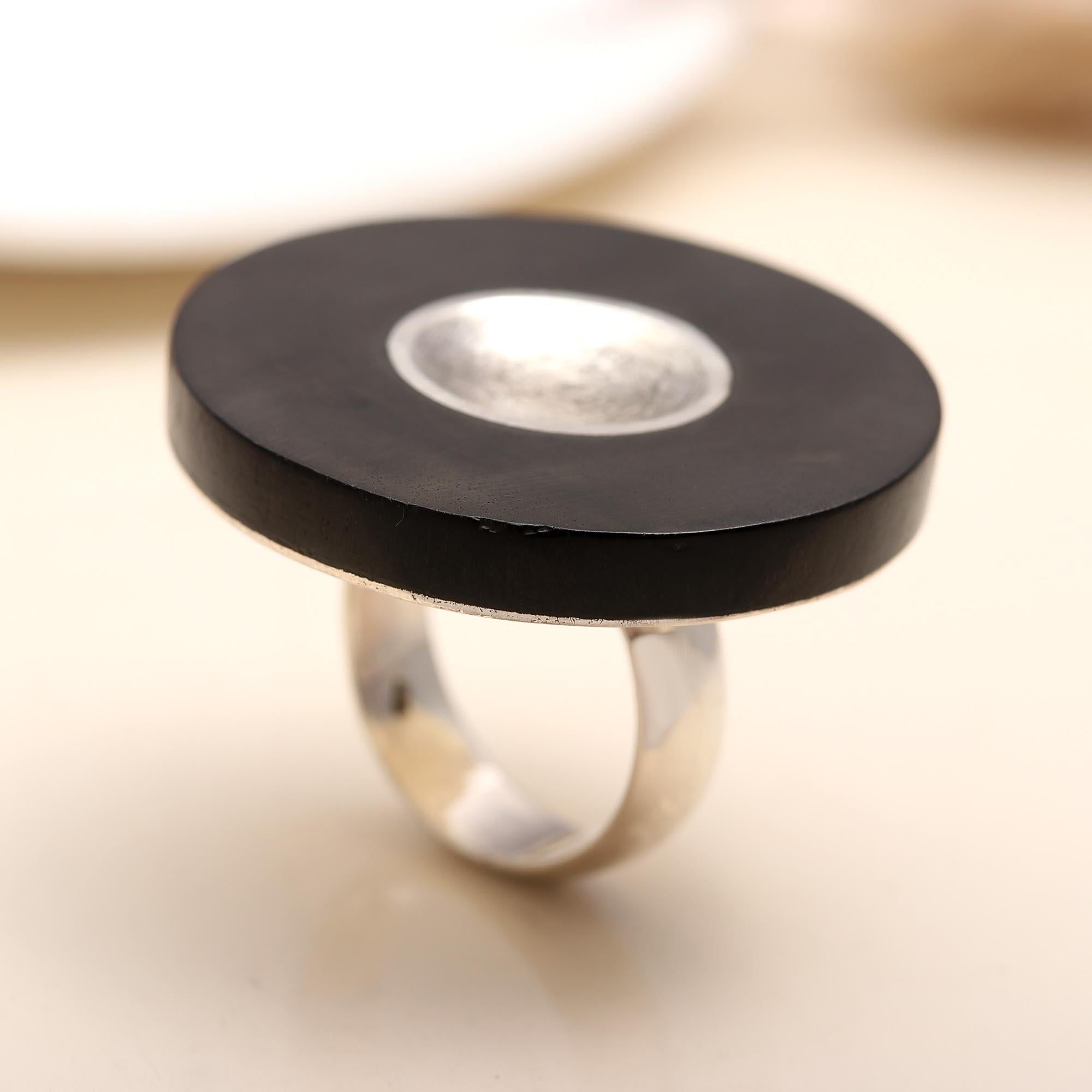 925 Silver Round Black Disc Statement Ring front view