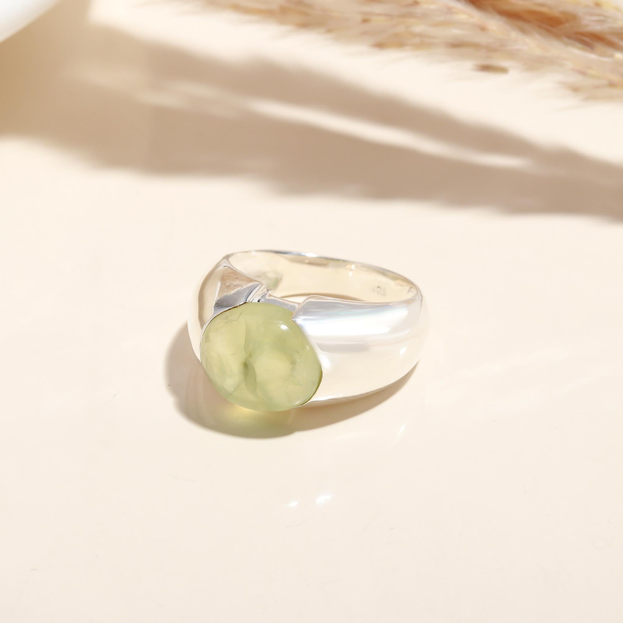 Sterling silver band with natural green prehnite gemstone