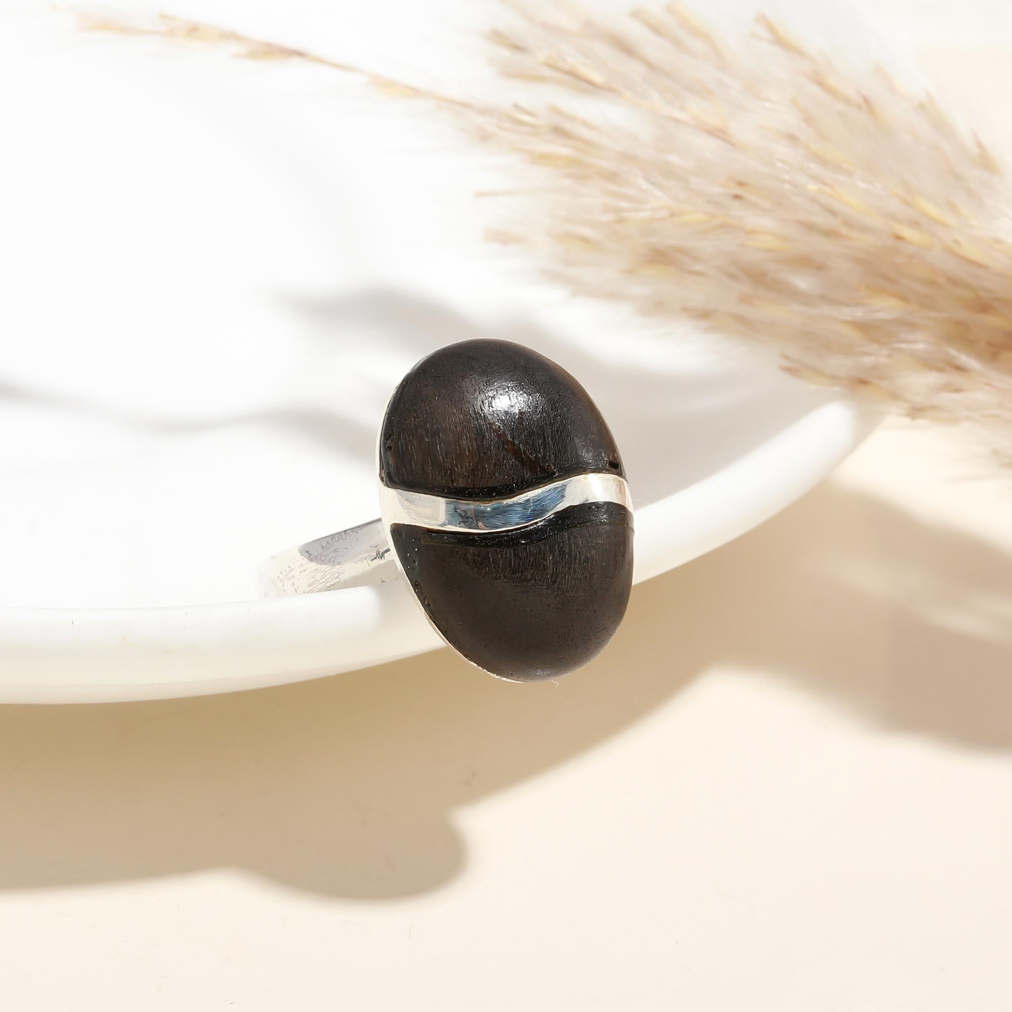 925 Silver Oval Ebony Wood Statement Ring front view