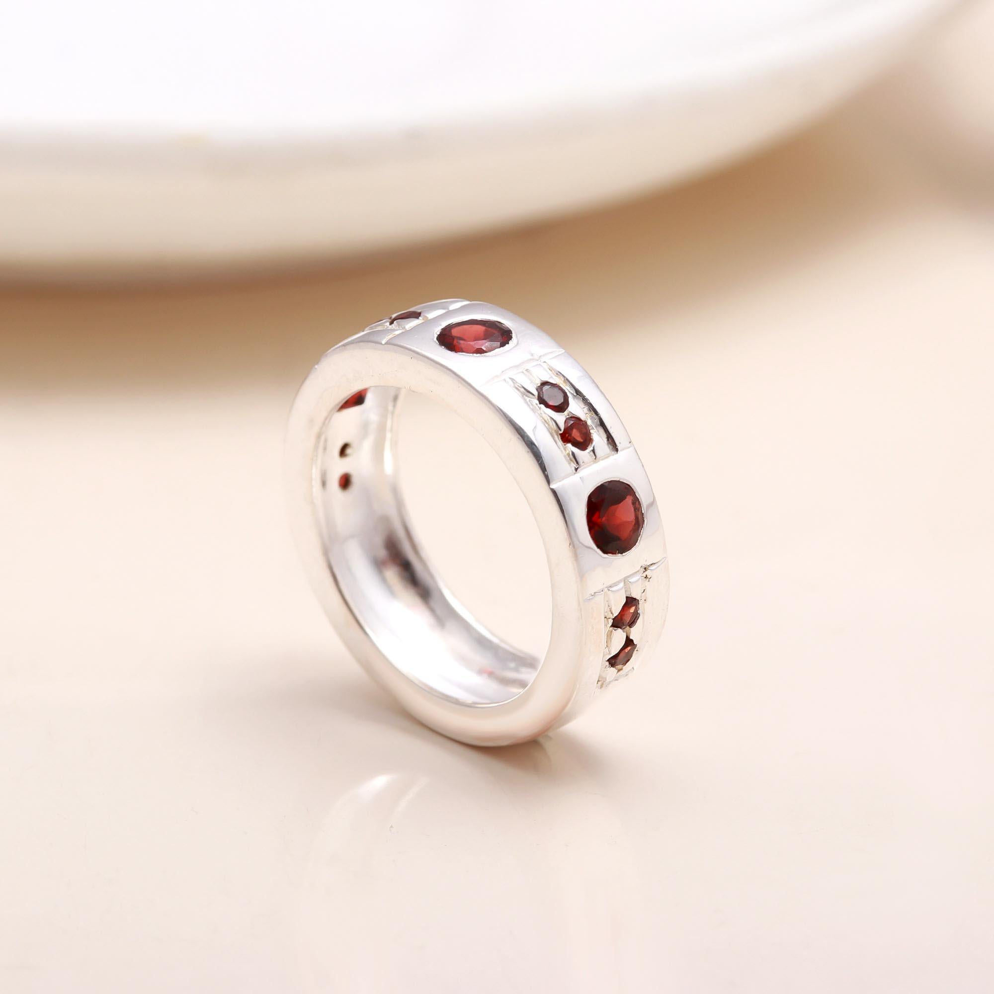 Handmade sterling silver garnet band ring