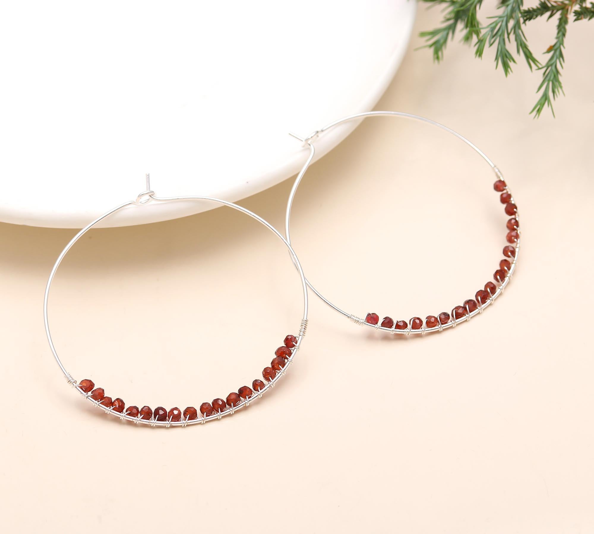 925 Silver Garnet Beads Hoop Earrings
