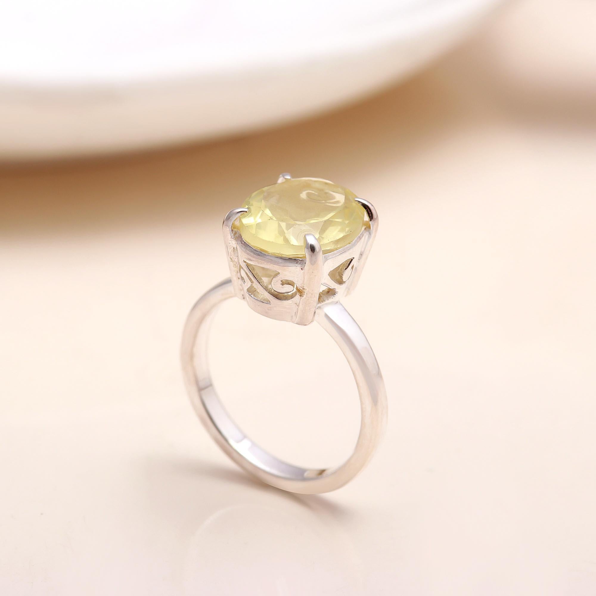 Handmade sterling silver solitaire ring with lemon quartz