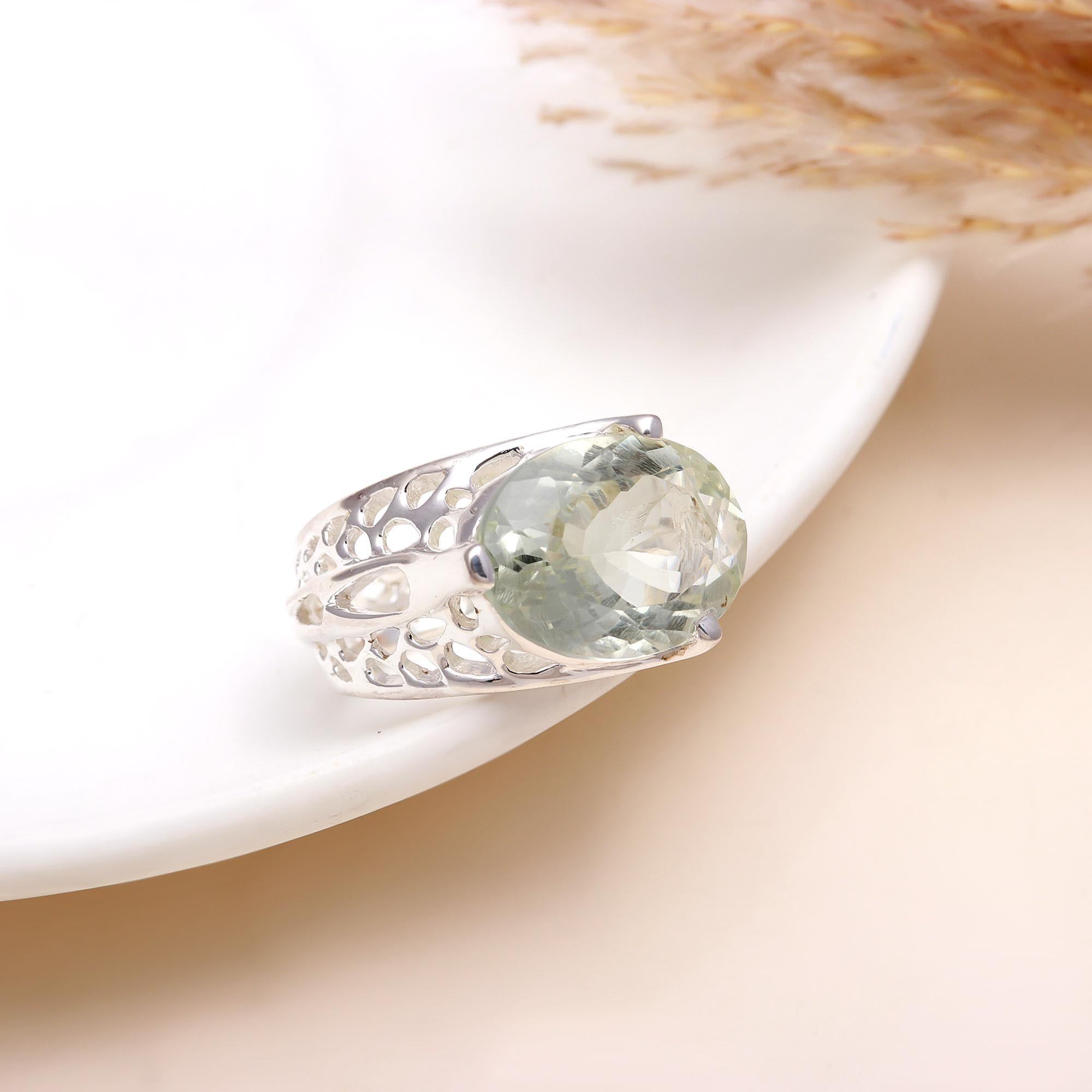 925 Silver Oval Green Amethyst Statement Ring front view