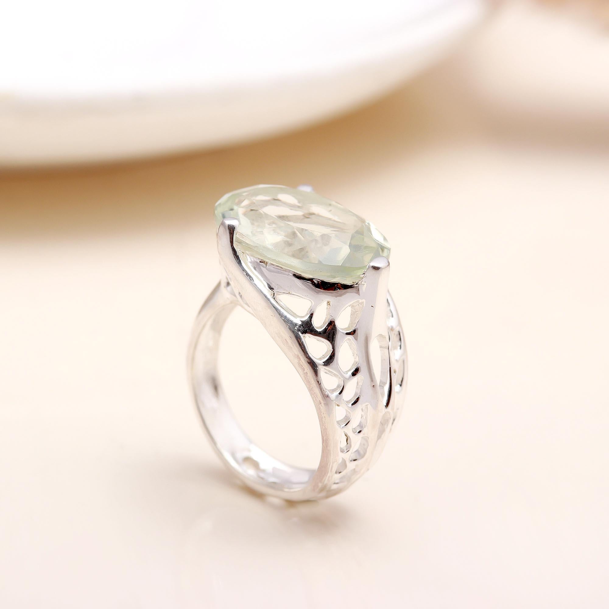 Handmade sterling silver statement ring with green amethyst
