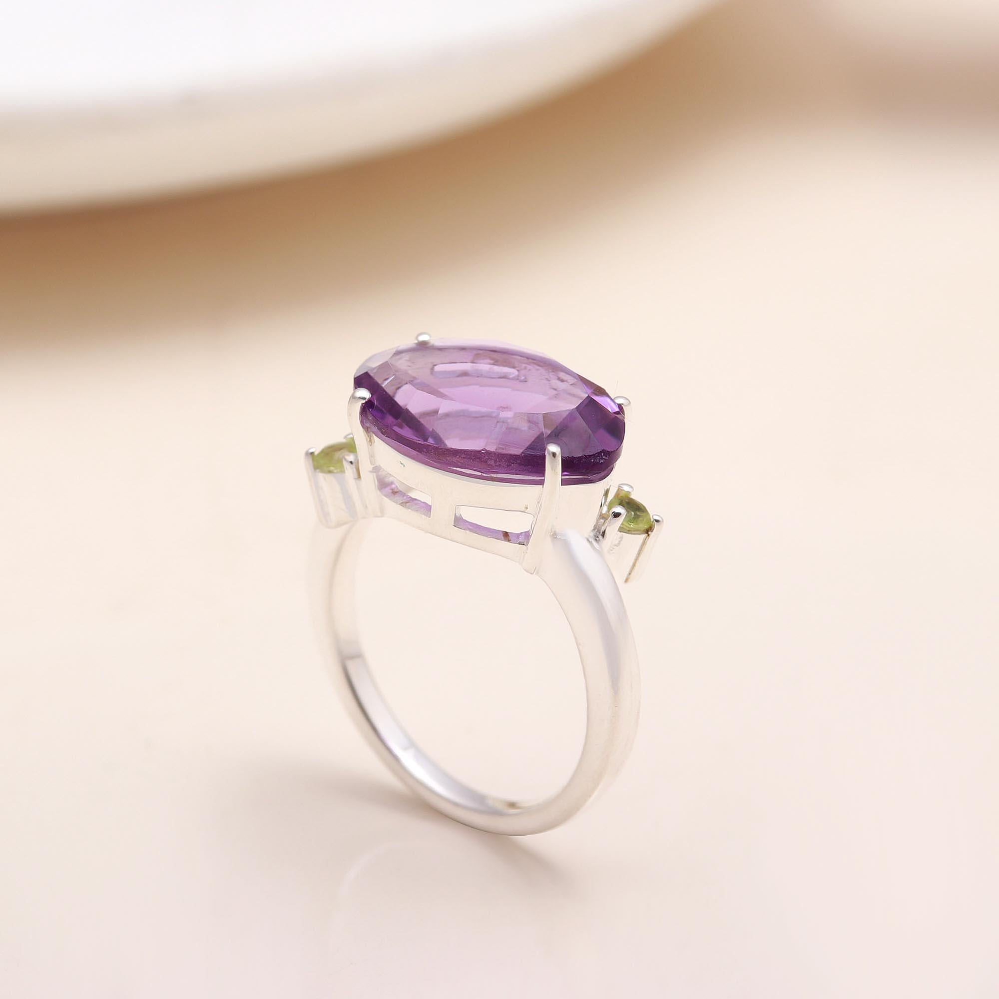 Handmade amethyst and peridot gemstone ring