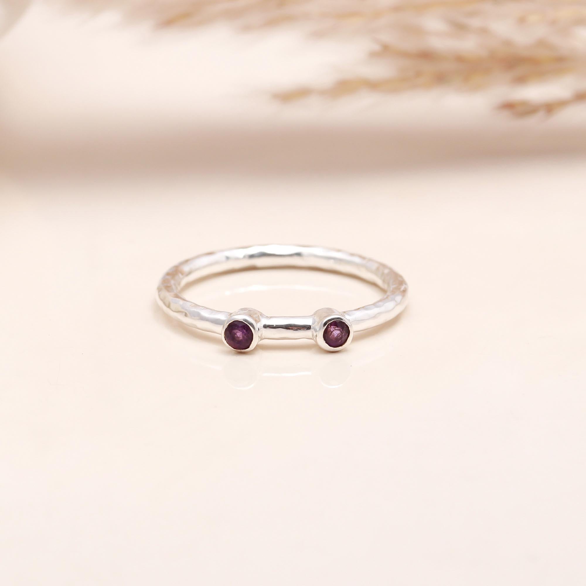 Sterling silver double-dot ring with amethyst stones