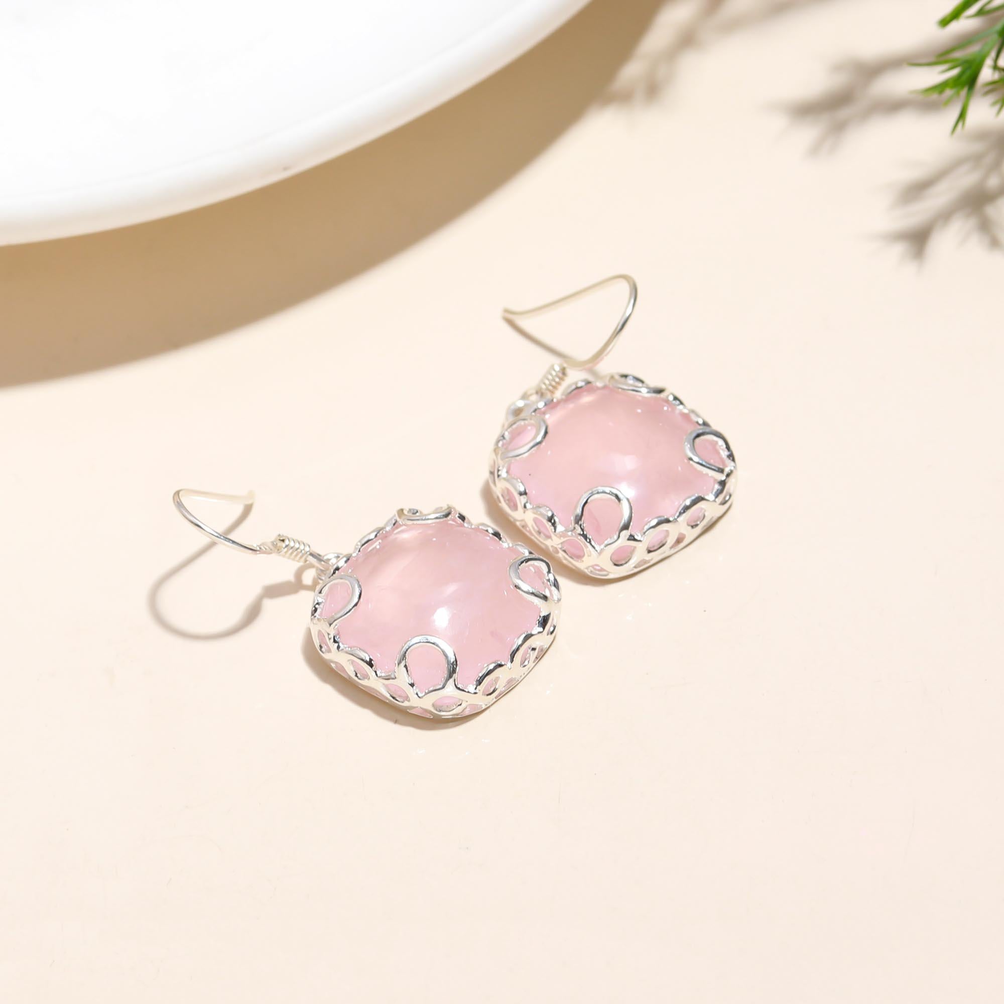 The Rosy Dawn: Rose Quartz Silver Earrings