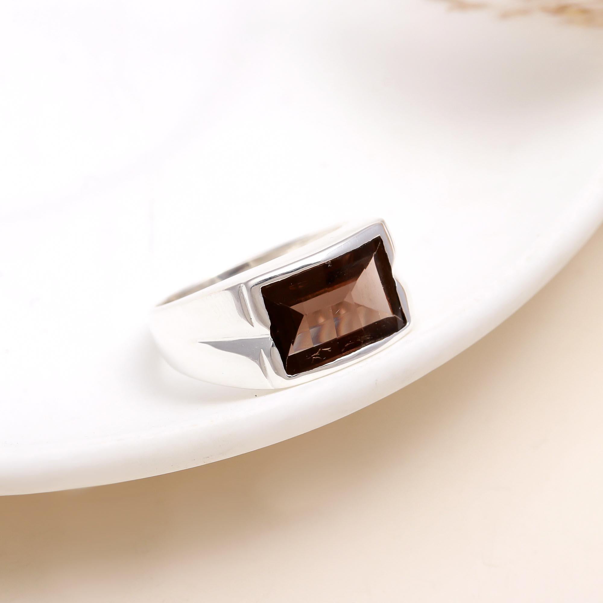 925 Silver Rectangle Cut Smoky Quartz Bold Ring front view