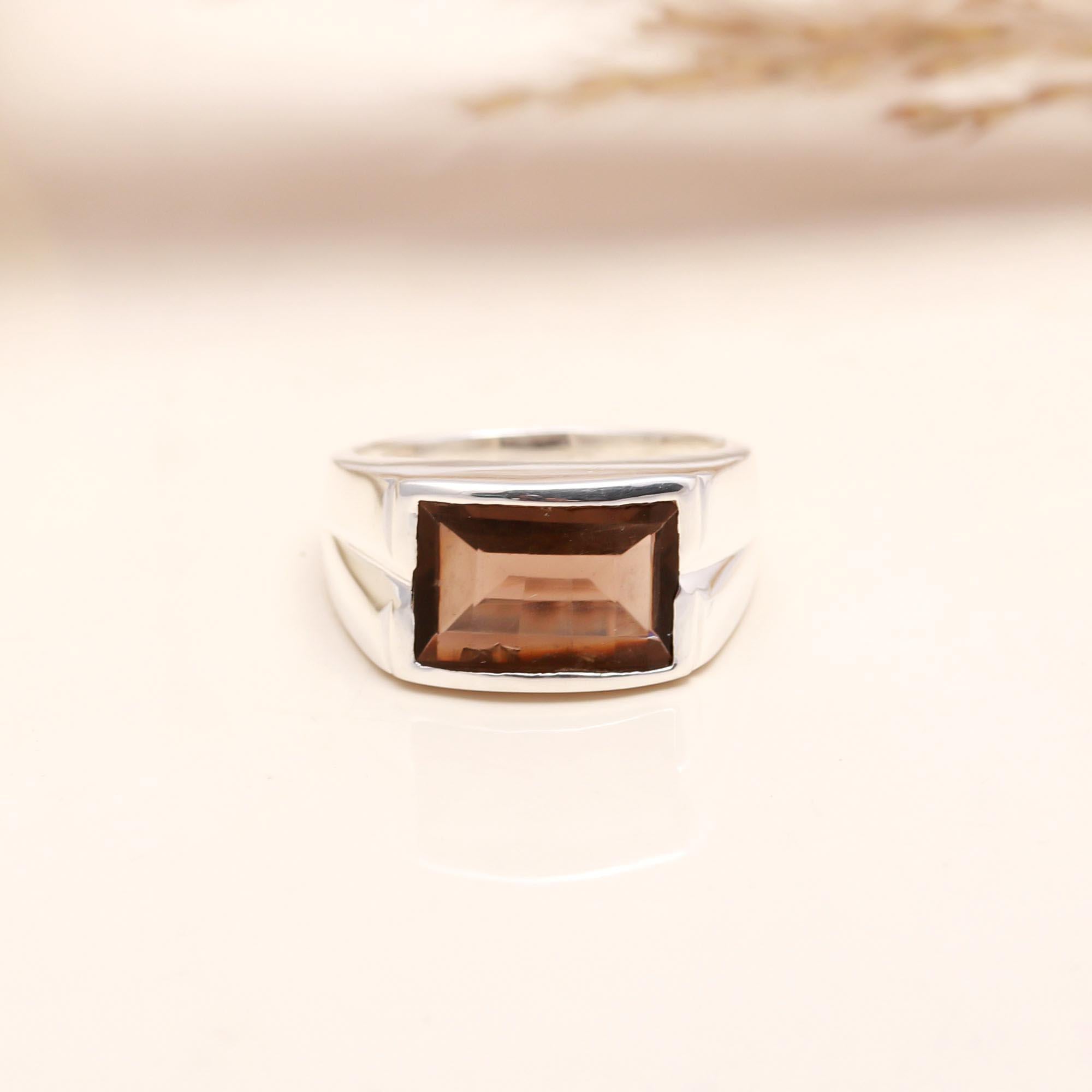 Rectangular smoky quartz set in sterling silver band