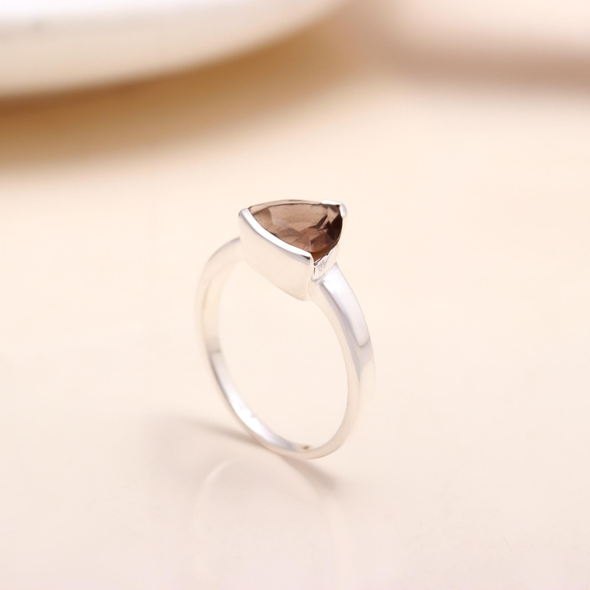 Handmade trillion cut smoky quartz silver ring