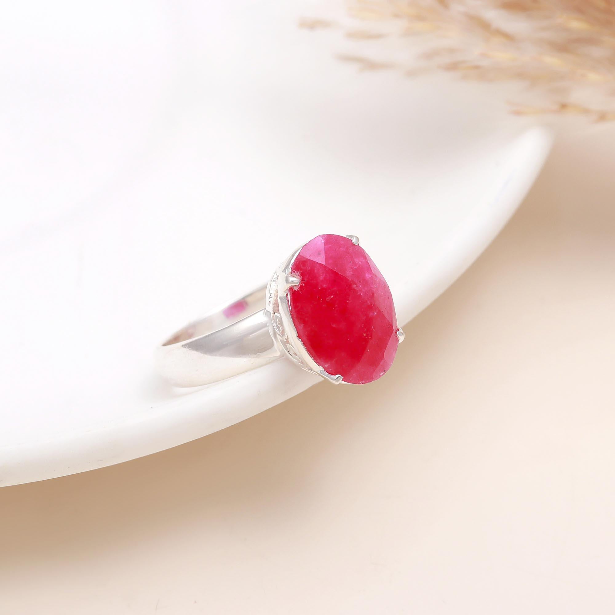 925 Silver Oval Cut Ruby Statement Ring front view