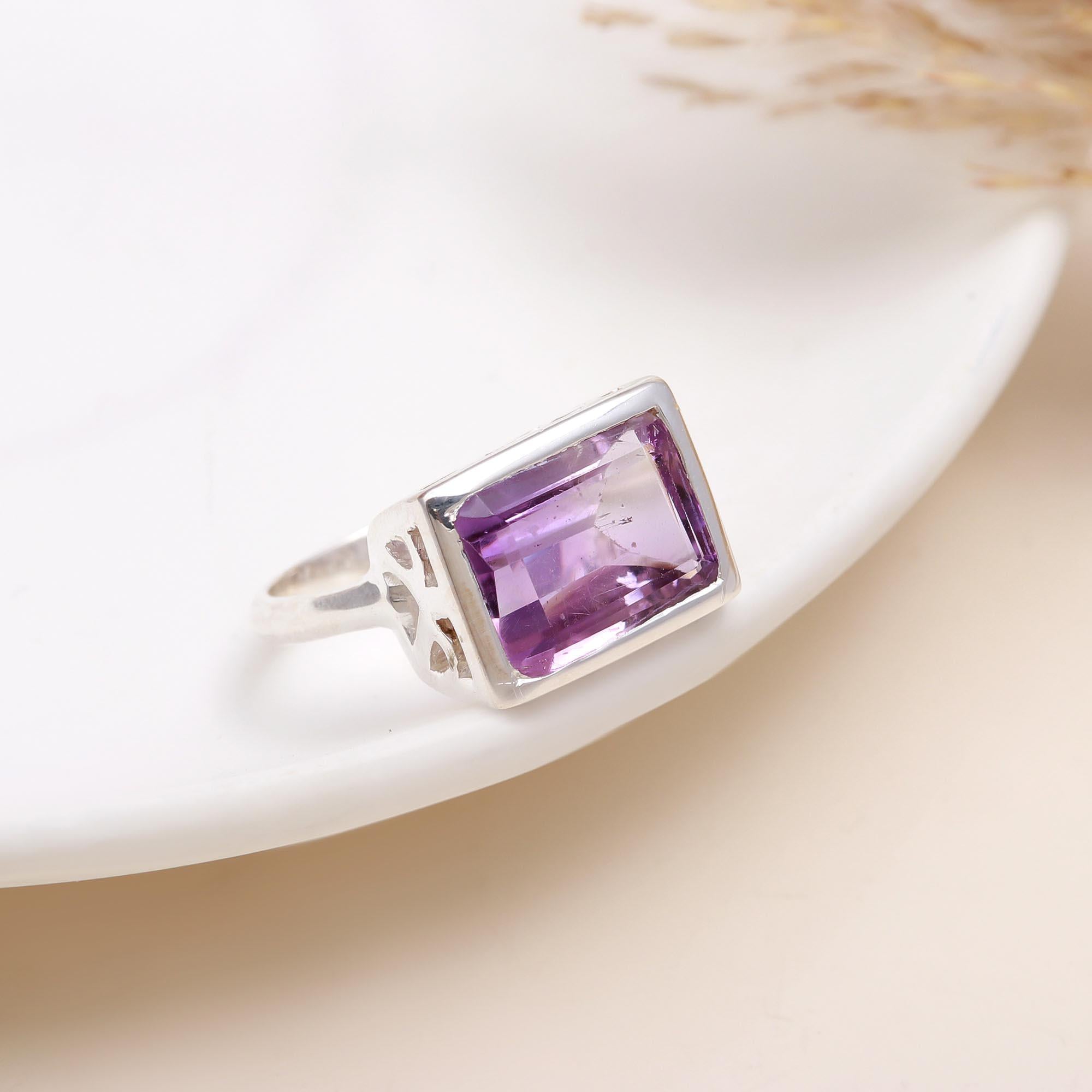 925 Silver Emerald Cut Amethyst Solitaire Ring front view