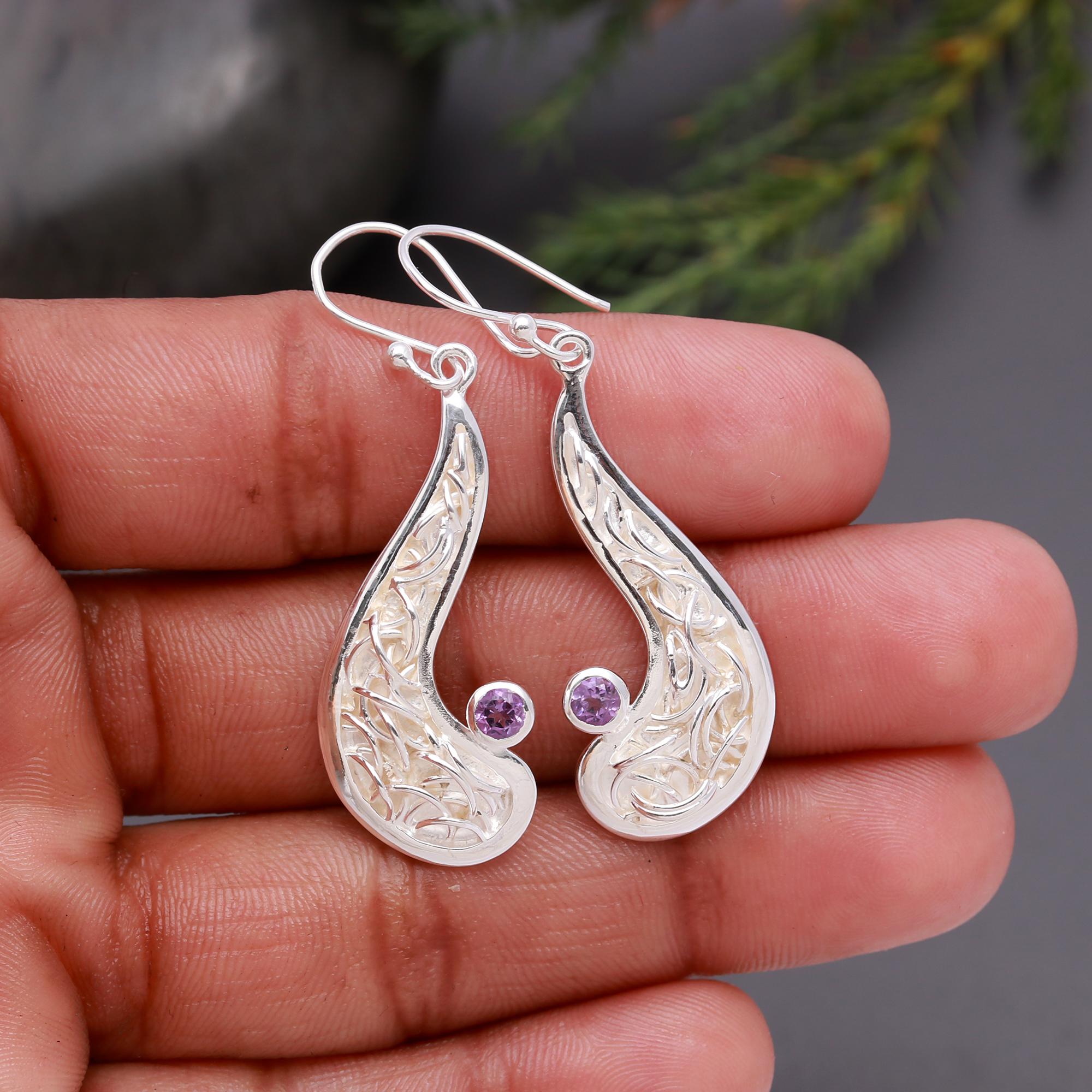 925 Silver Amethyst Paisley Dangle Earrings