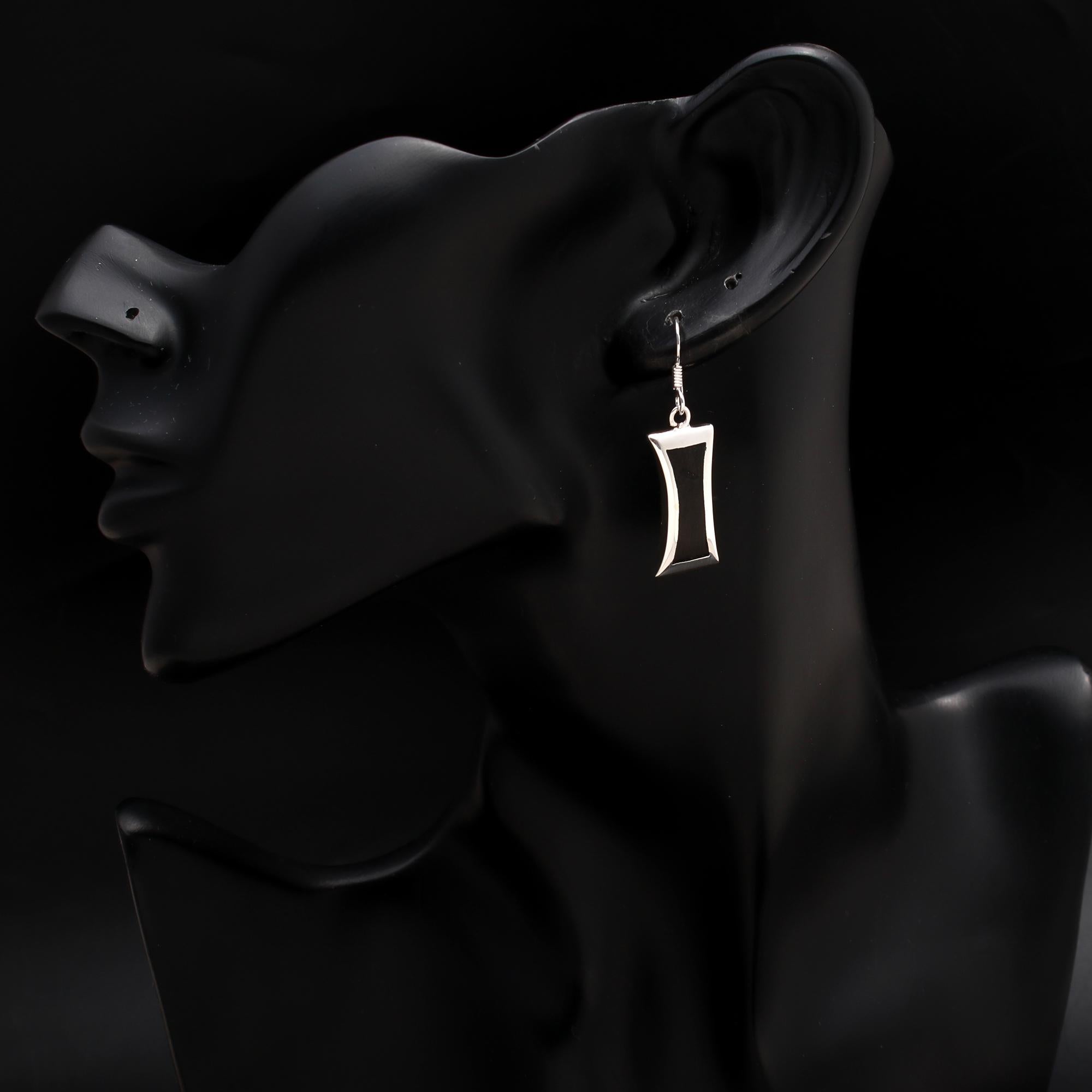 925 Silver Black Wood Inlay Dangle Earrings