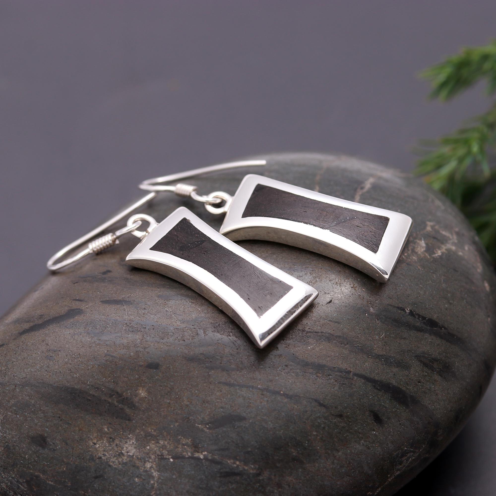 925 Silver Black Wood Inlay Dangle Earrings