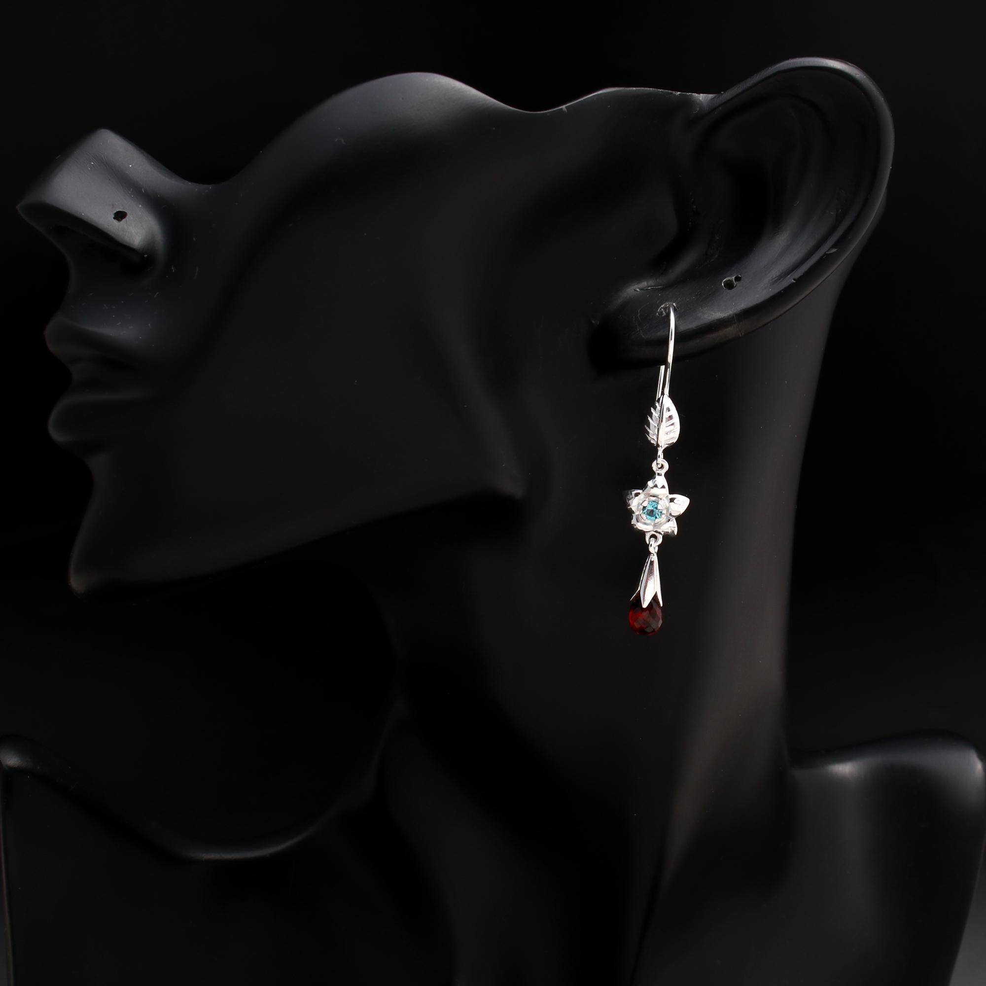 925 Silver Blue Topaz & Garnet Floral Dangle Earrings