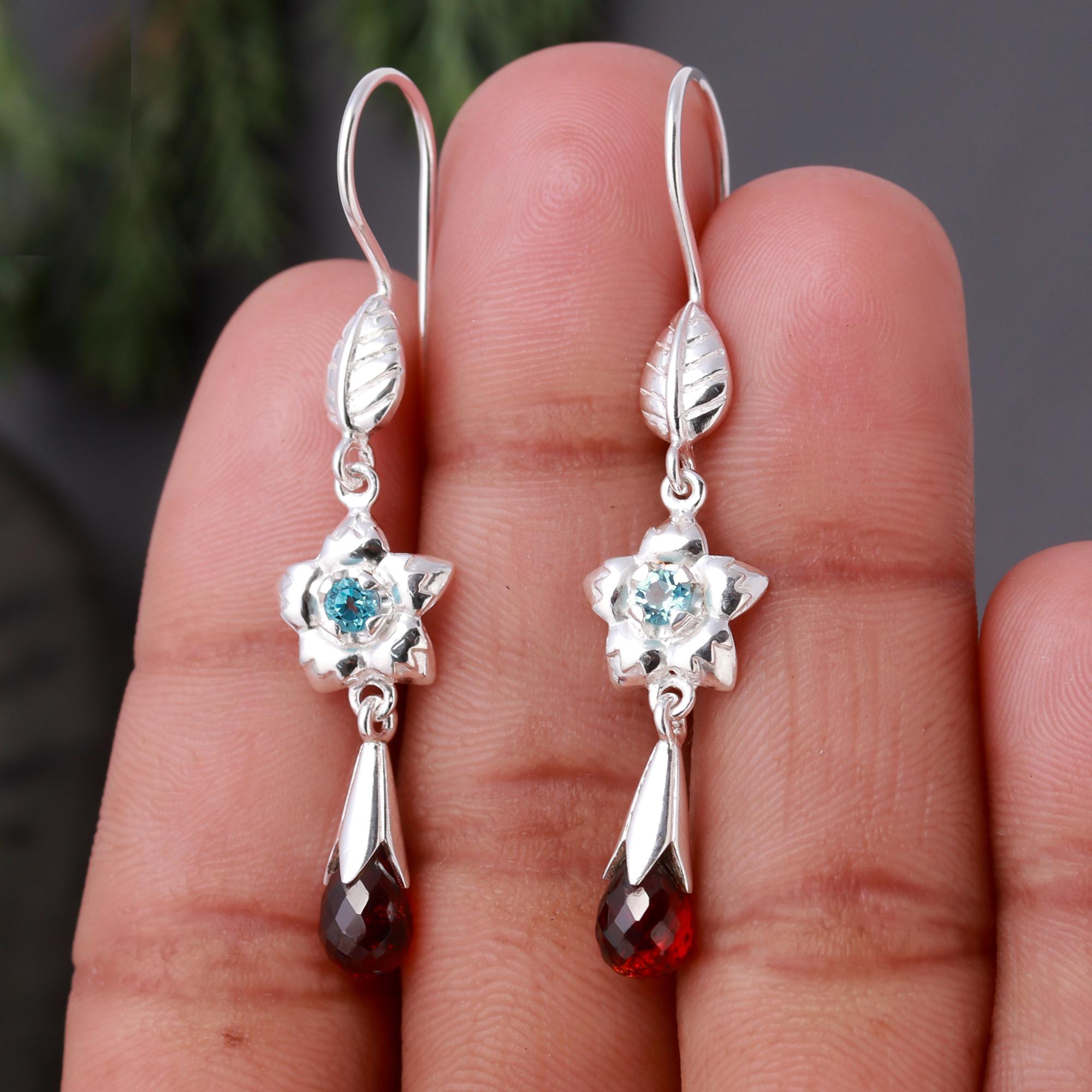 925 Silver Blue Topaz & Garnet Floral Dangle Earrings
