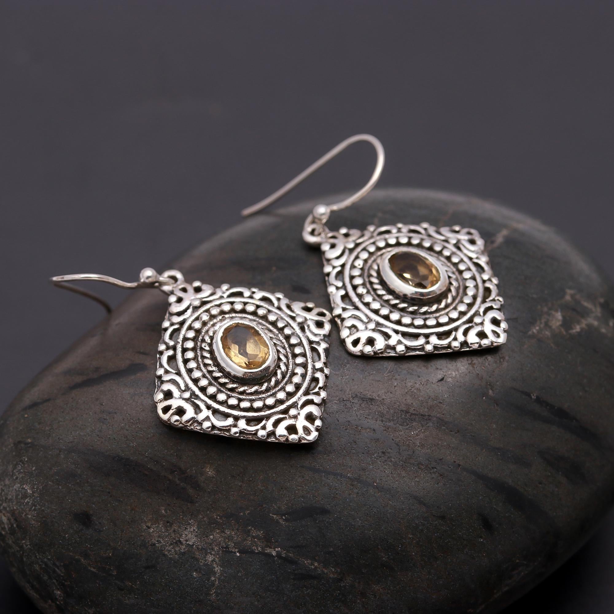 925 Silver Citrine Filigree Dangle Earrings
