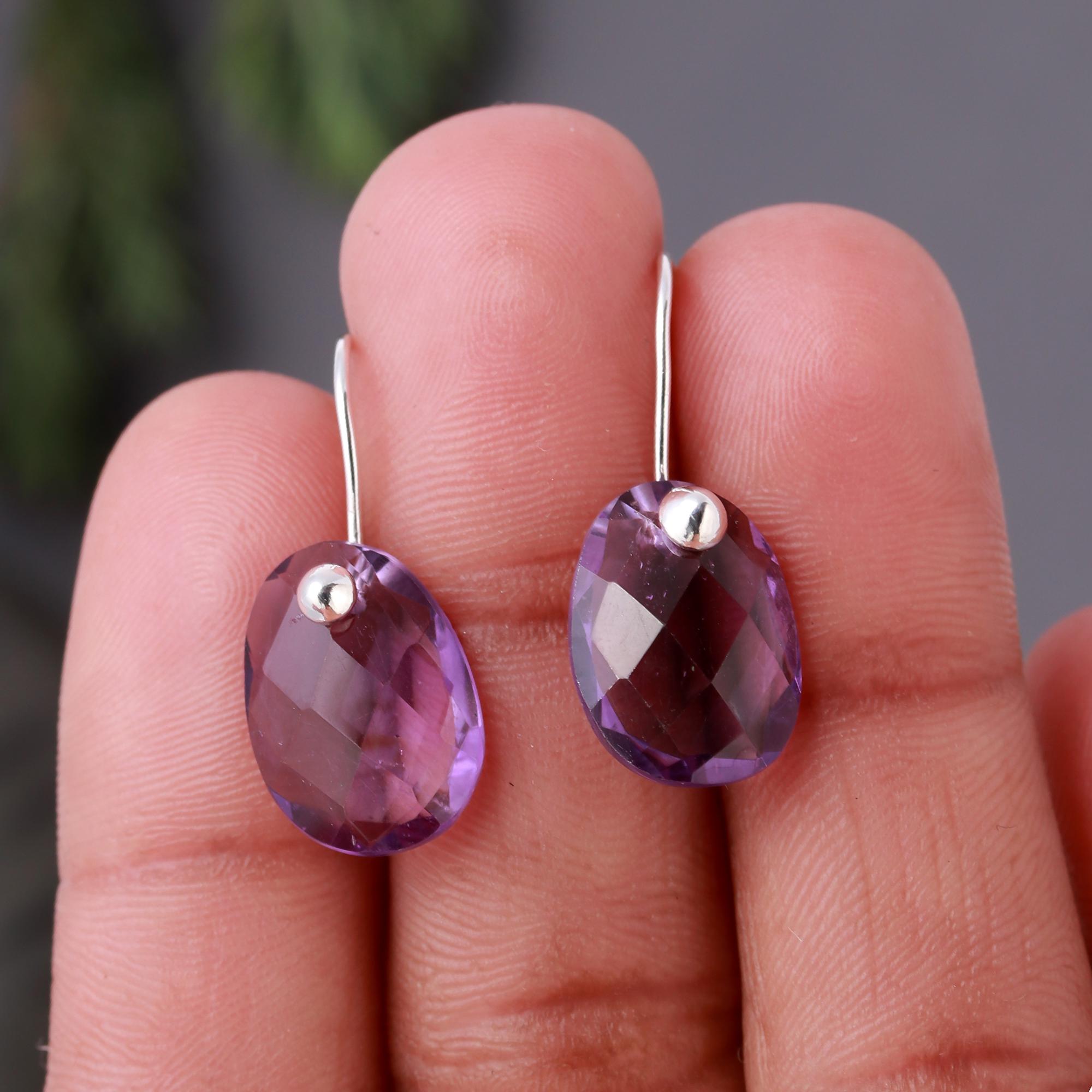 925 Silver Faceted Amethyst Dangle Earrings
