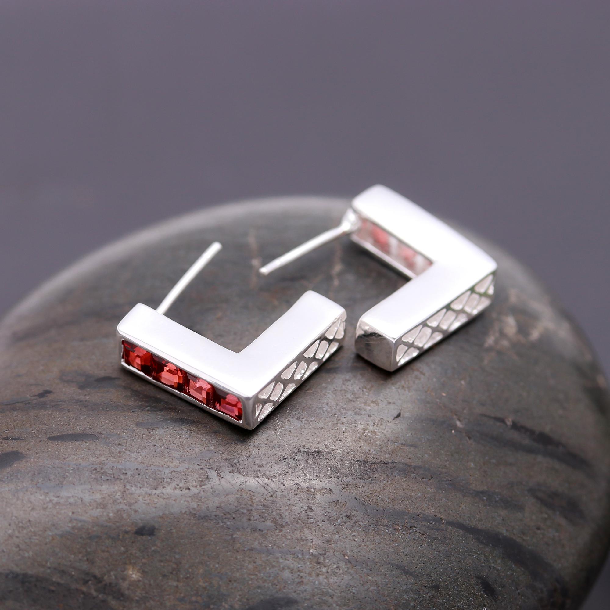 925 Silver Garnet Bar Stud Earrings