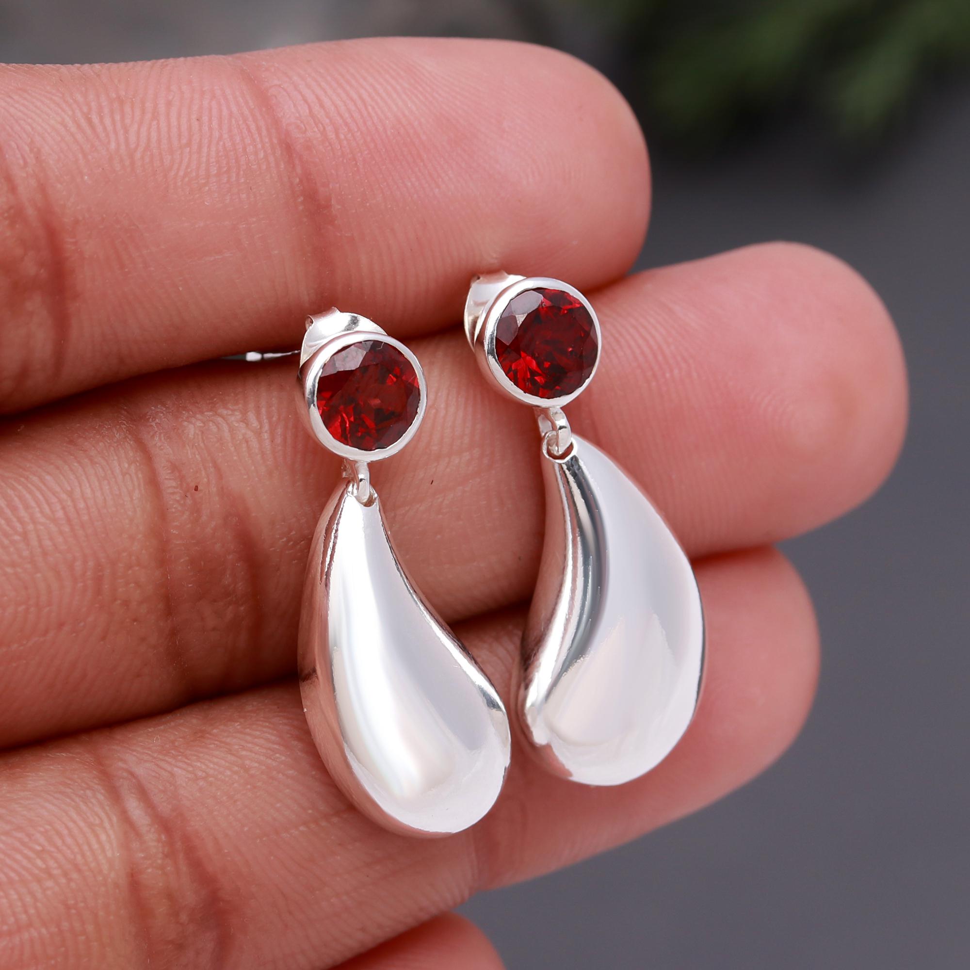 925 Silver Garnet Teardrop Drop Earrings