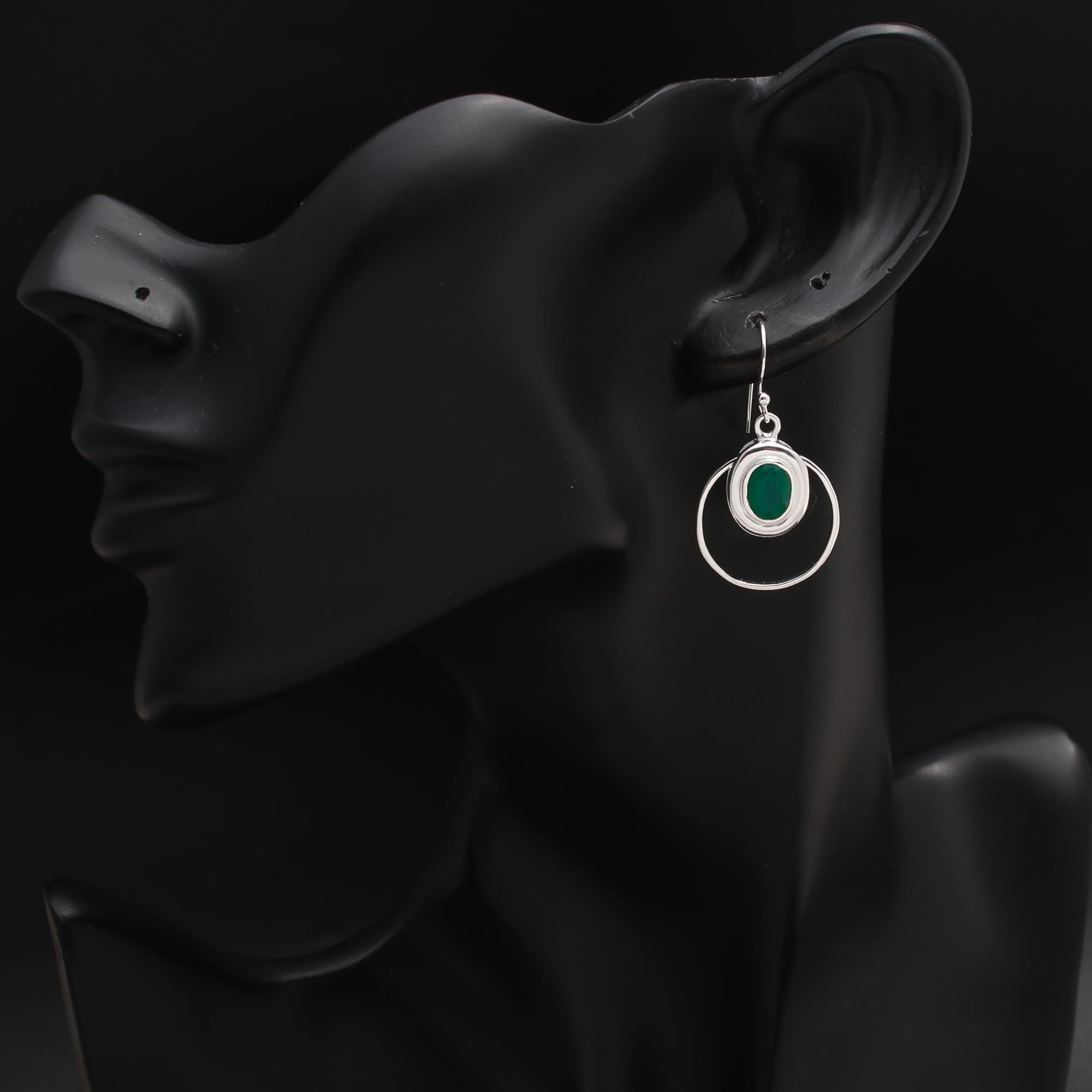 925 Silver Green Onyx Oval Dangle Earrings