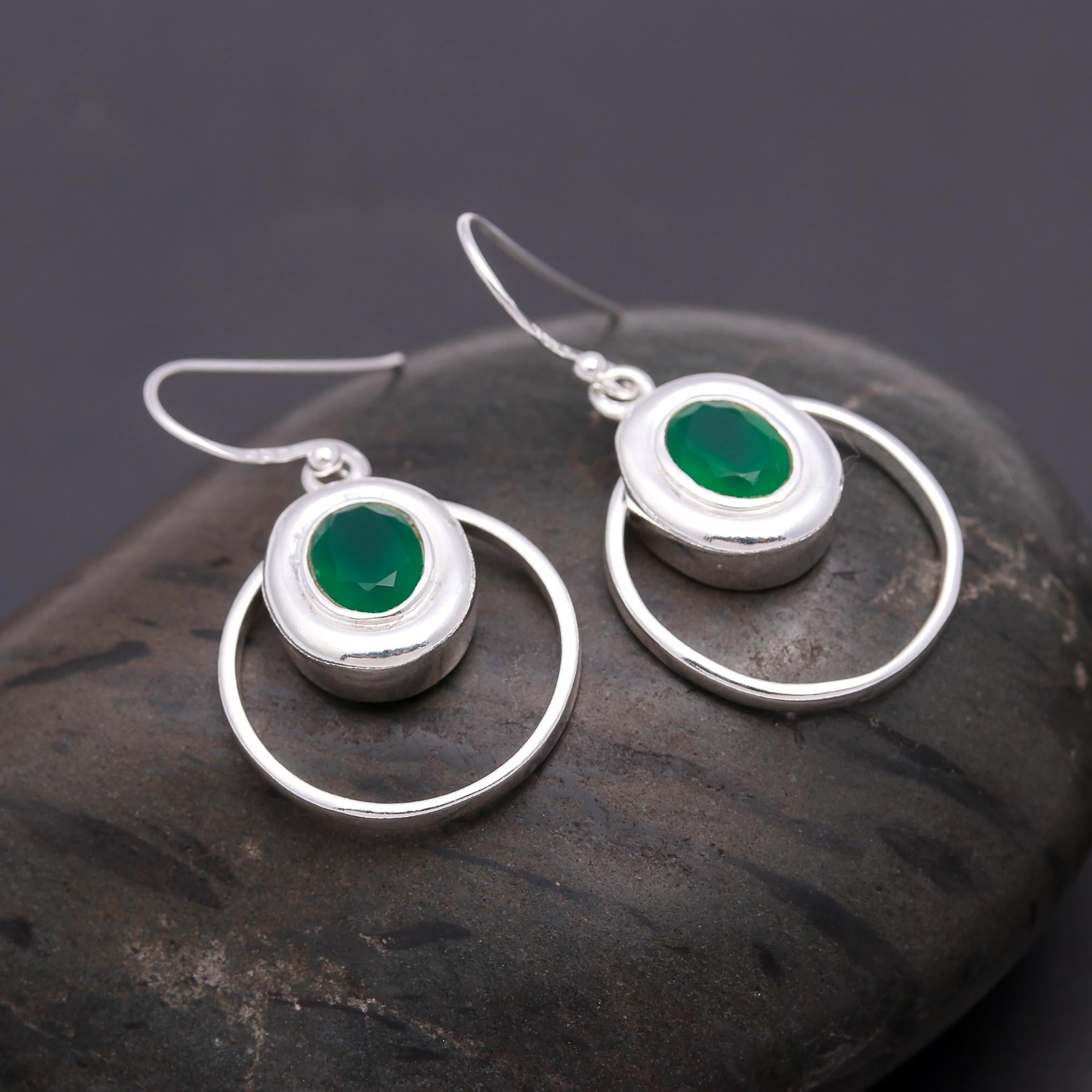 925 Silver Green Onyx Oval Dangle Earrings