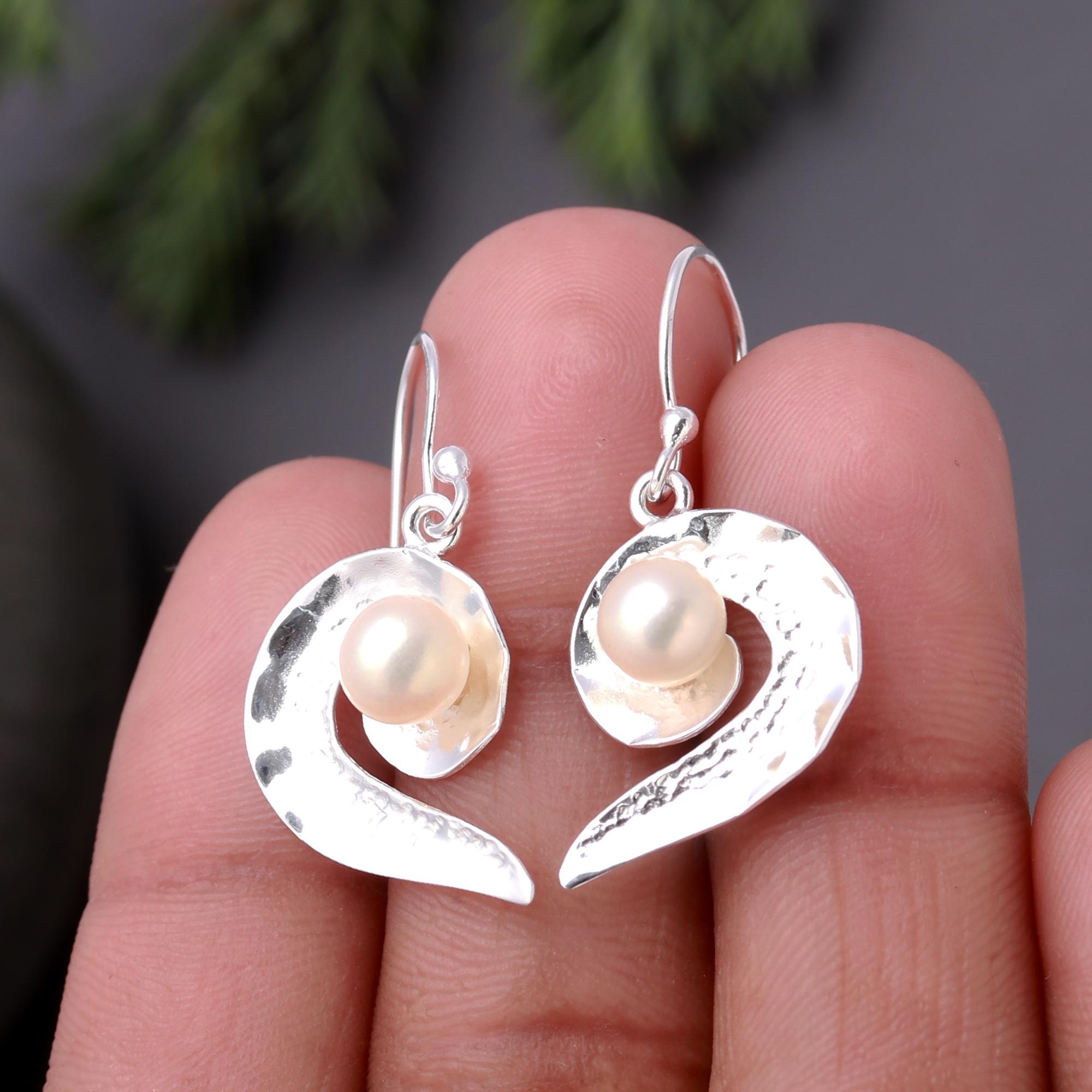 925 Silver Hammered Spiral Pearl Dangle Earrings