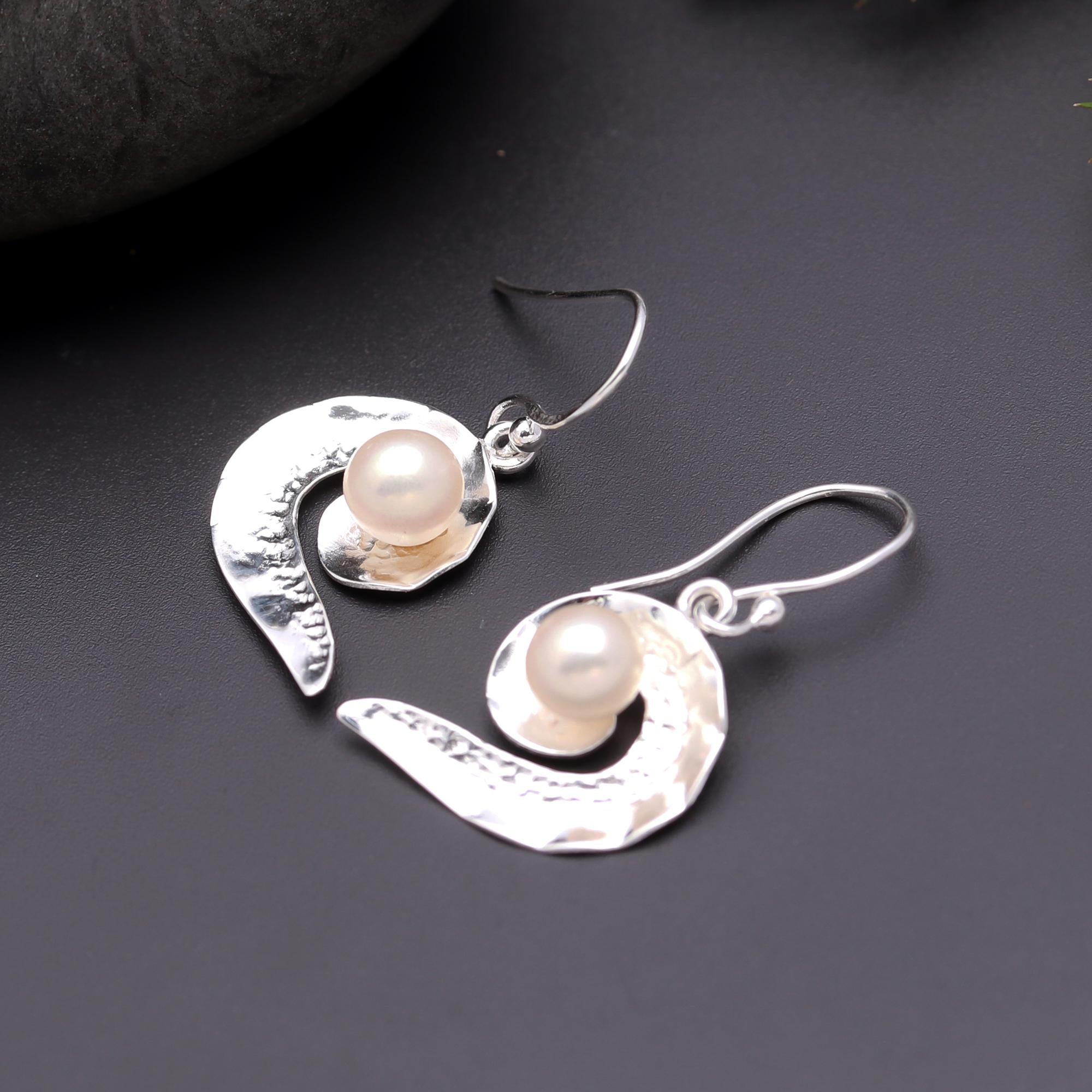 925 Silver Hammered Spiral Pearl Dangle Earrings