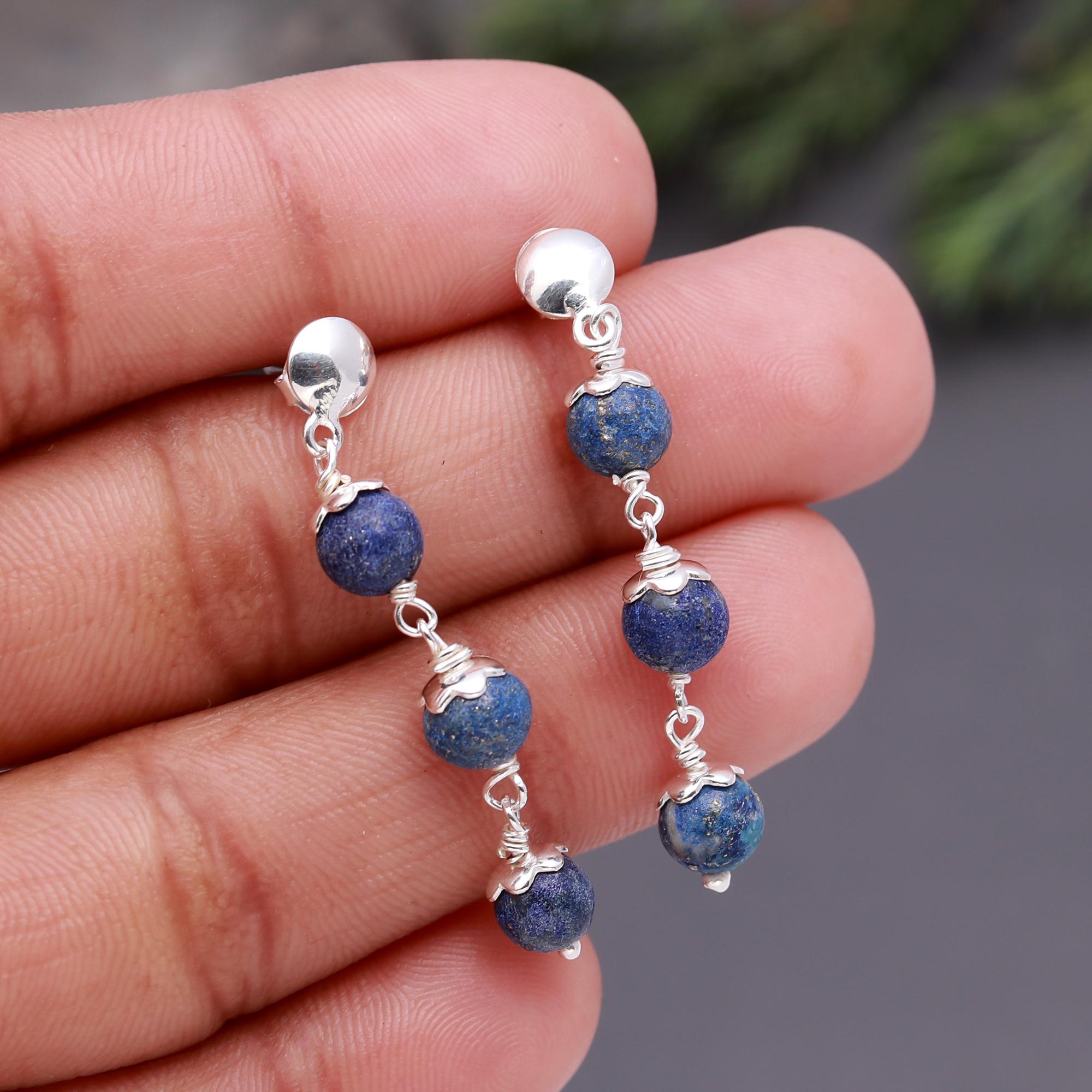925 Silver Lapis Lazuli Beaded Drop Earrings