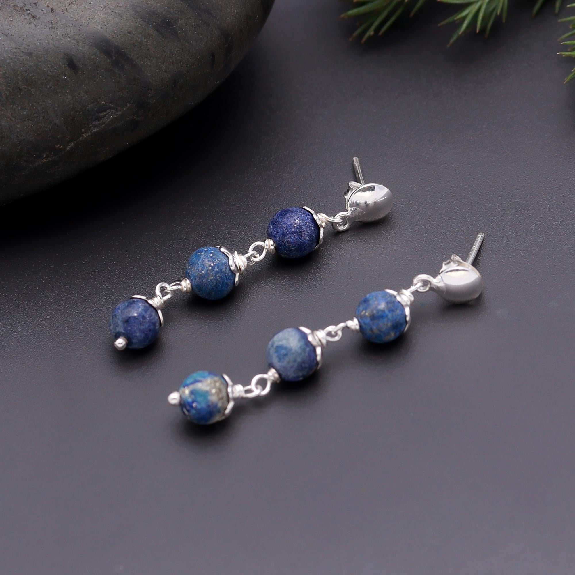 925 Silver Lapis Lazuli Beaded Drop Earrings