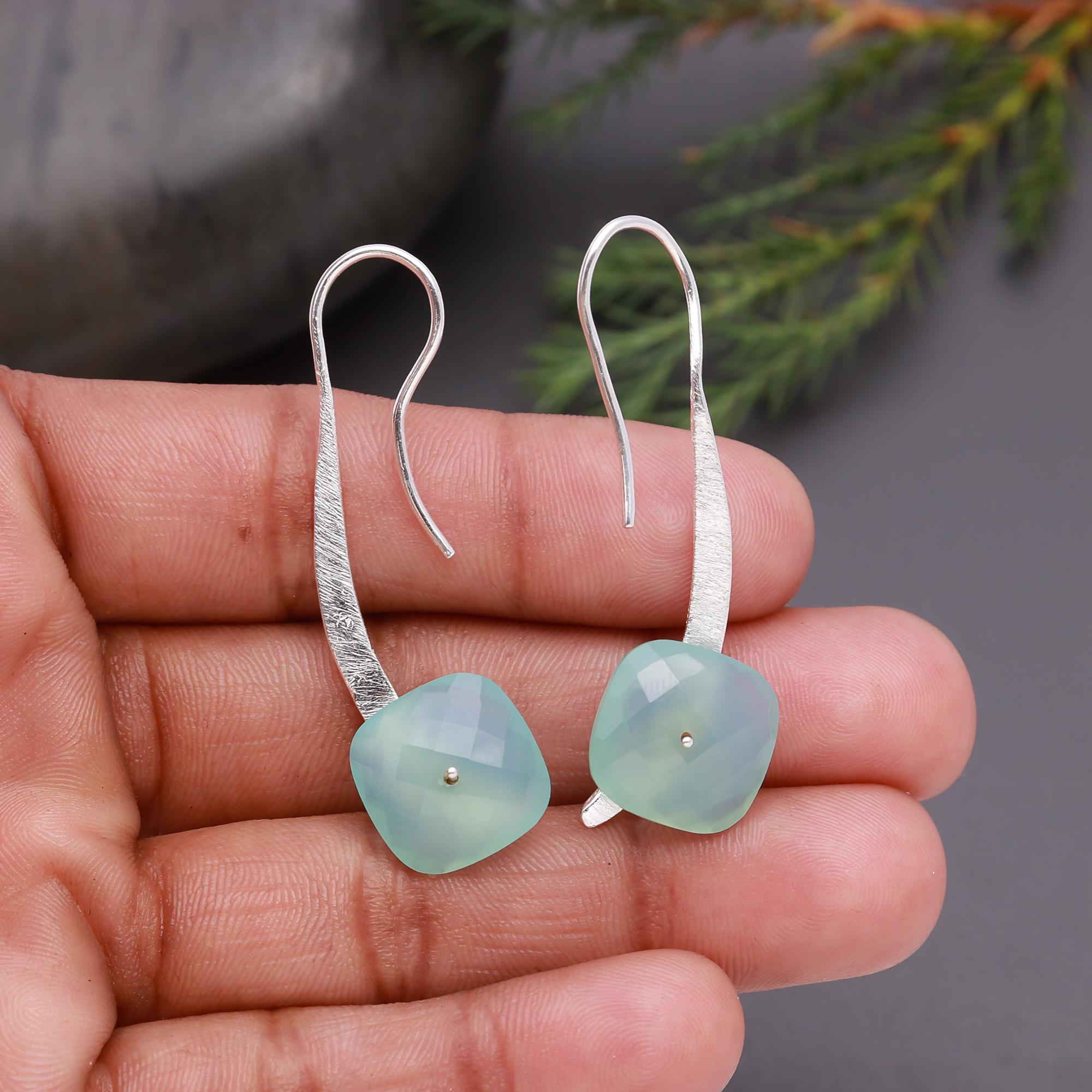 925 Silver Long Green Chalcedony Drop Earrings