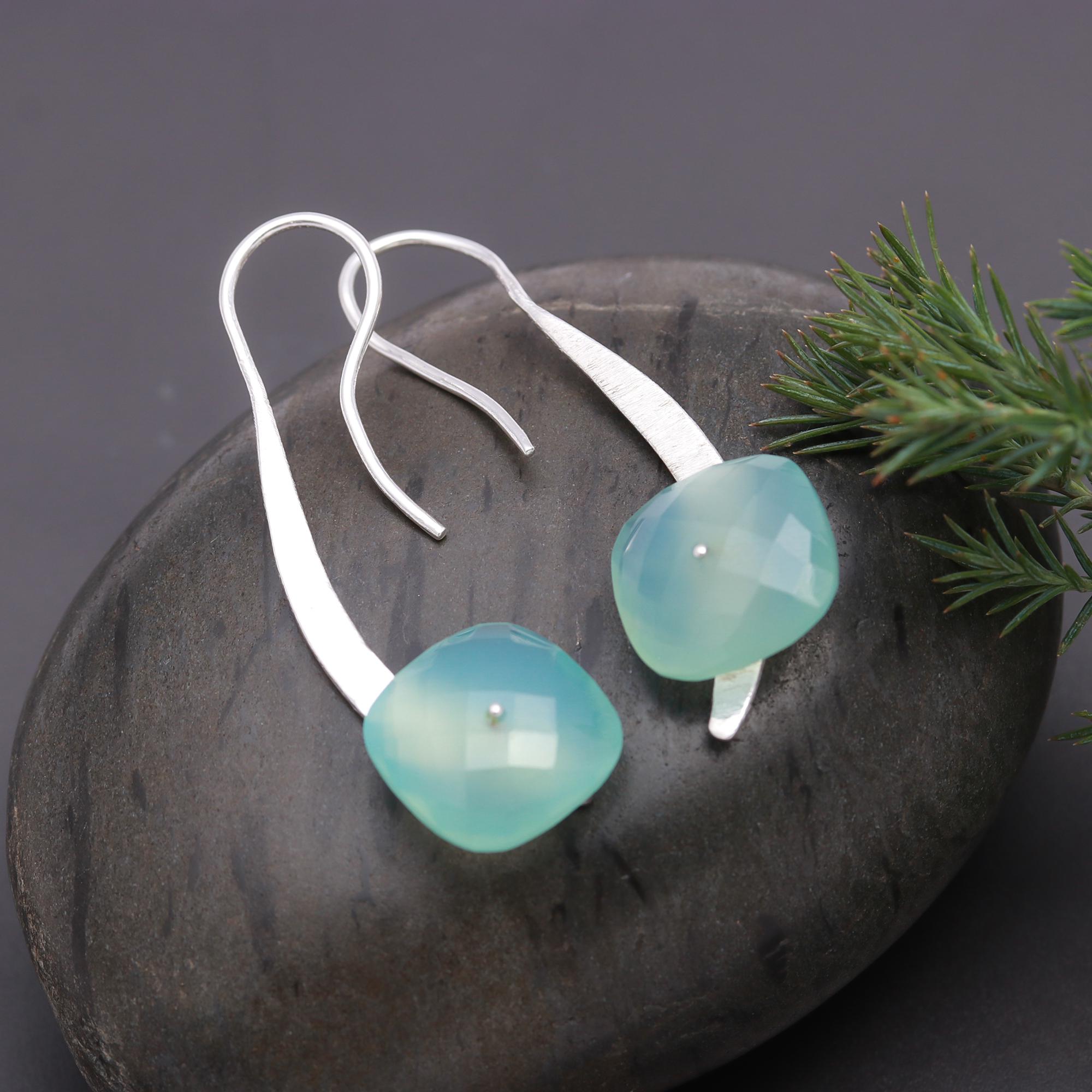 925 Silver Long Green Chalcedony Drop Earrings