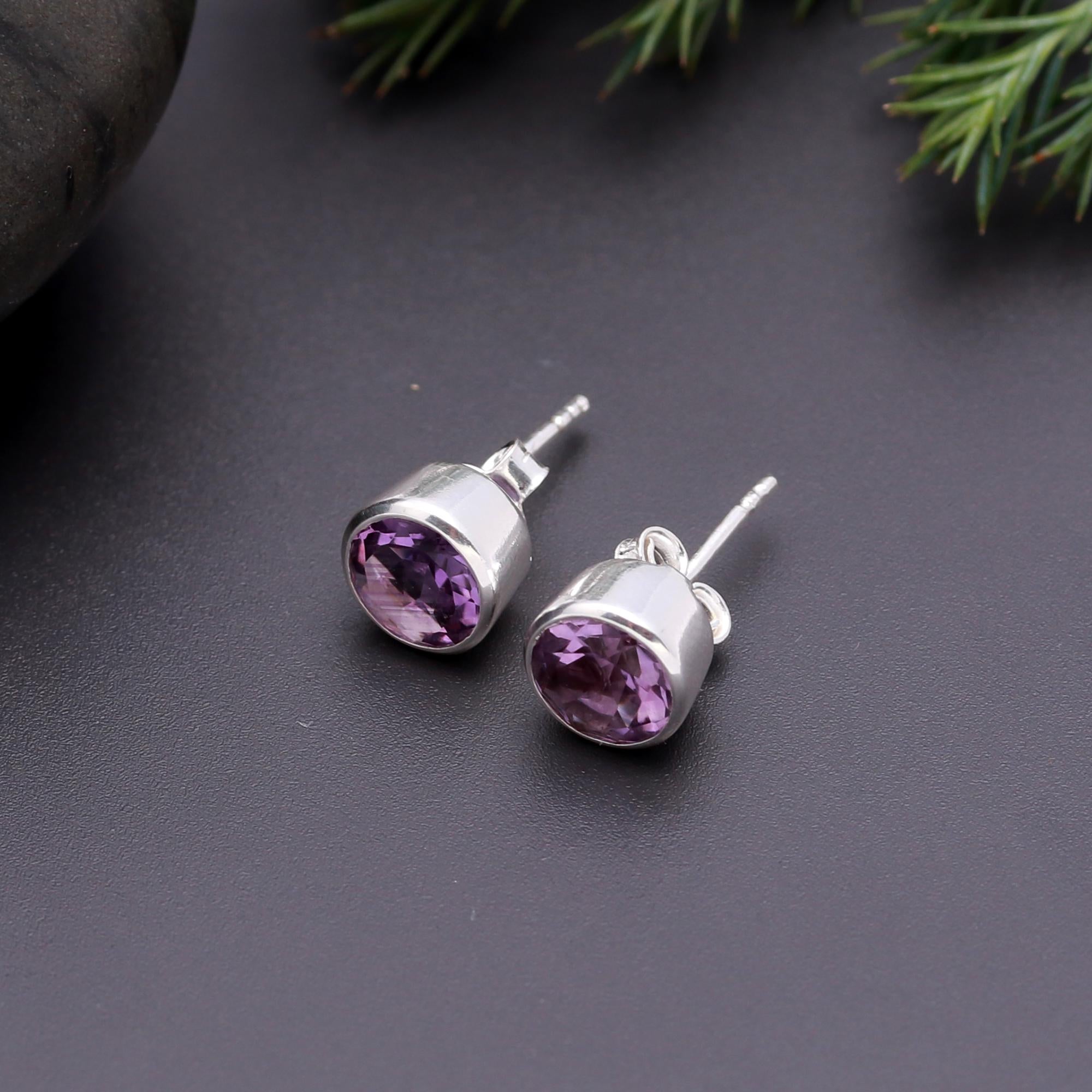 925 Silver Round Amethyst Stud Earrings