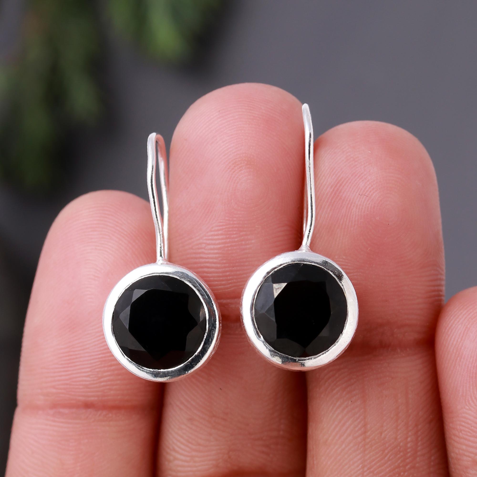 925 Silver Round Black Onyx Dangle Earrings