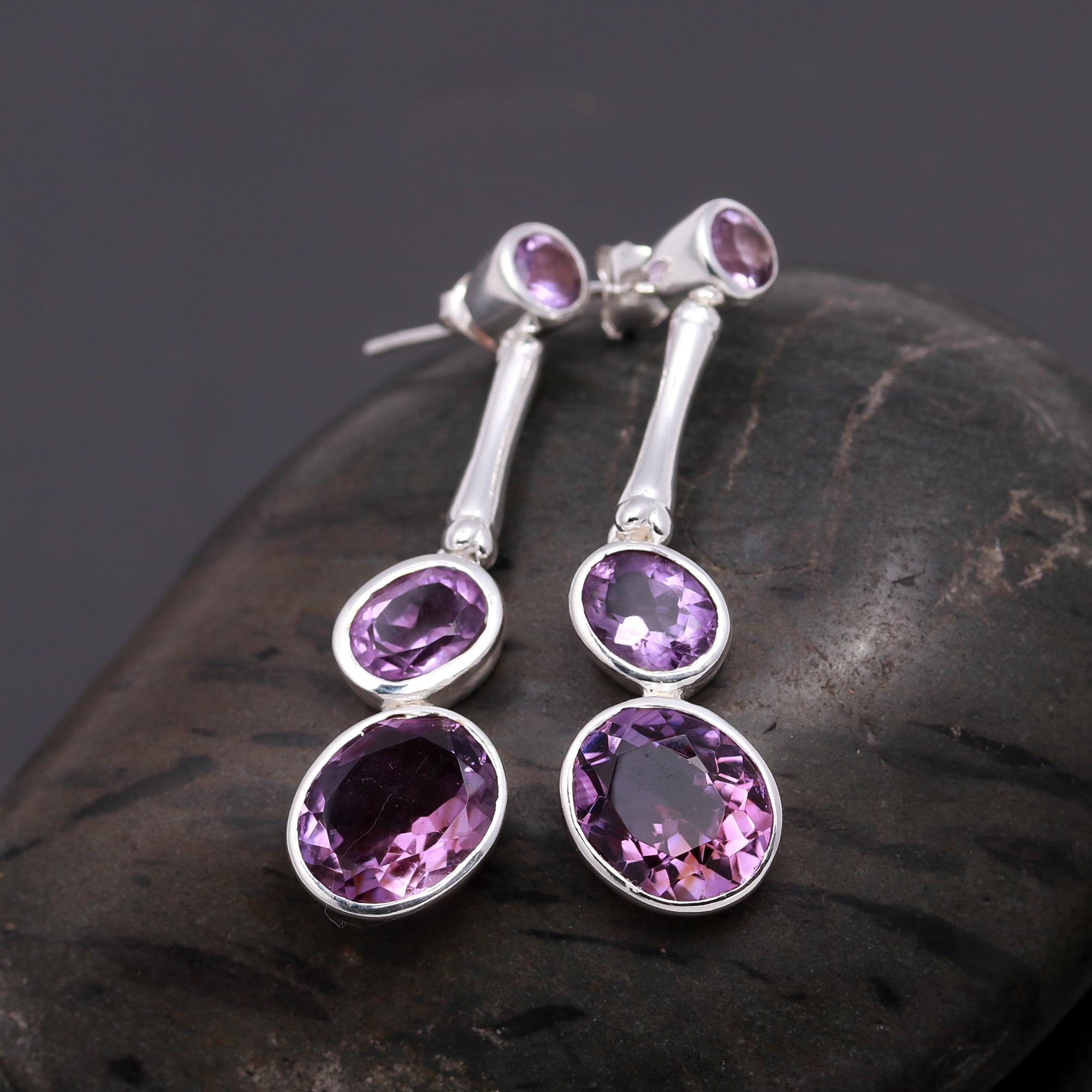 925 Silver Triple Amethyst Drop Earrings