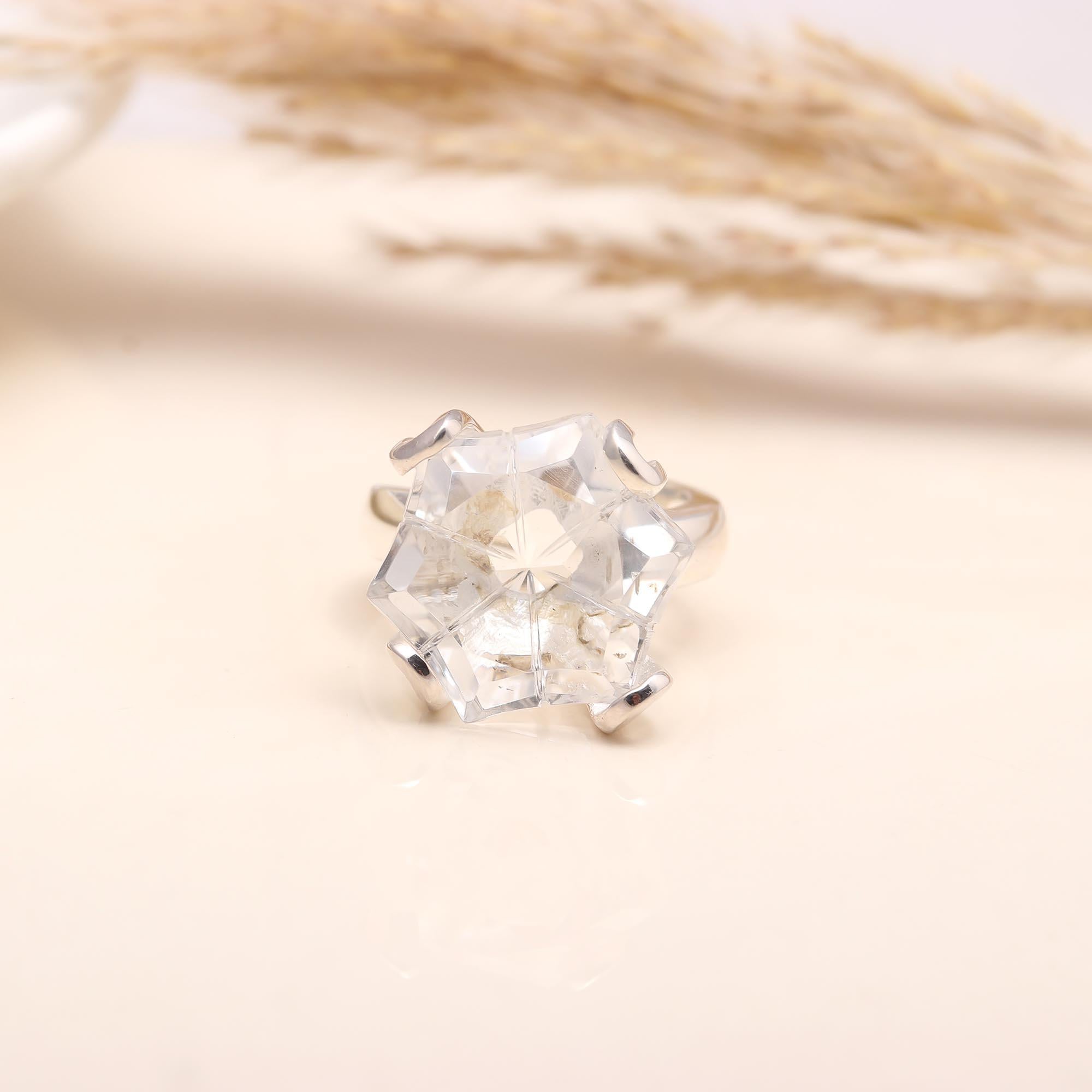 Close-up of hexagon clear quartz silver statement ring