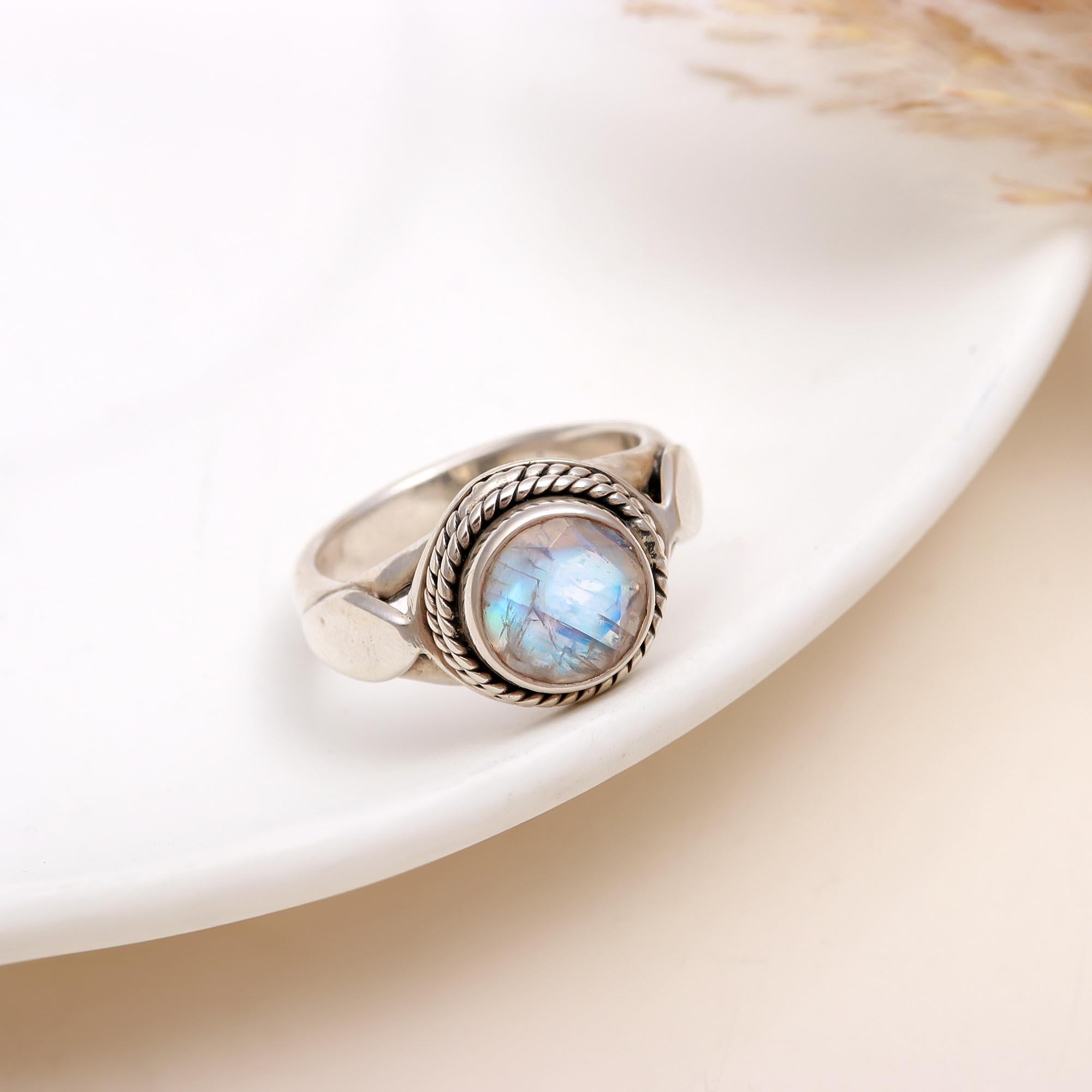 925 Silver Round Moonstone Rope Design Ring front view