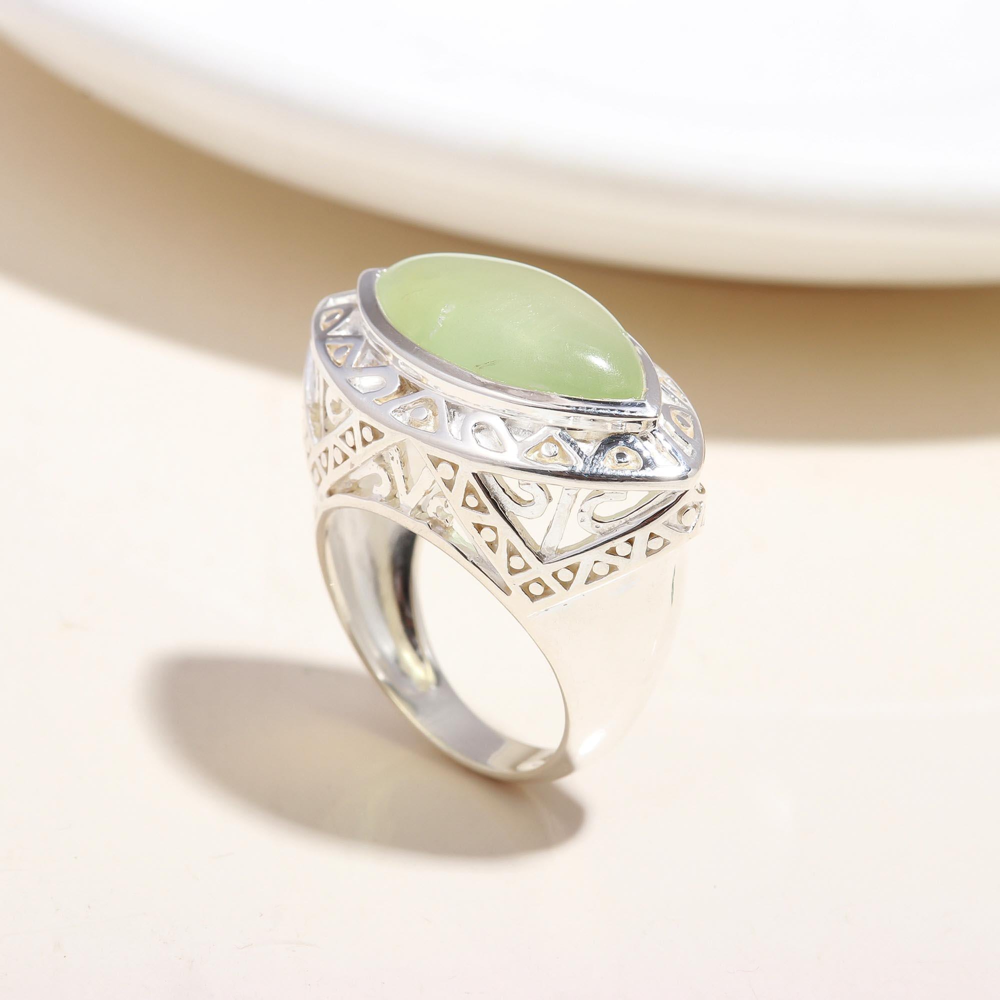 The Verdant Marquise: Prehnite Silver Filigree Ring