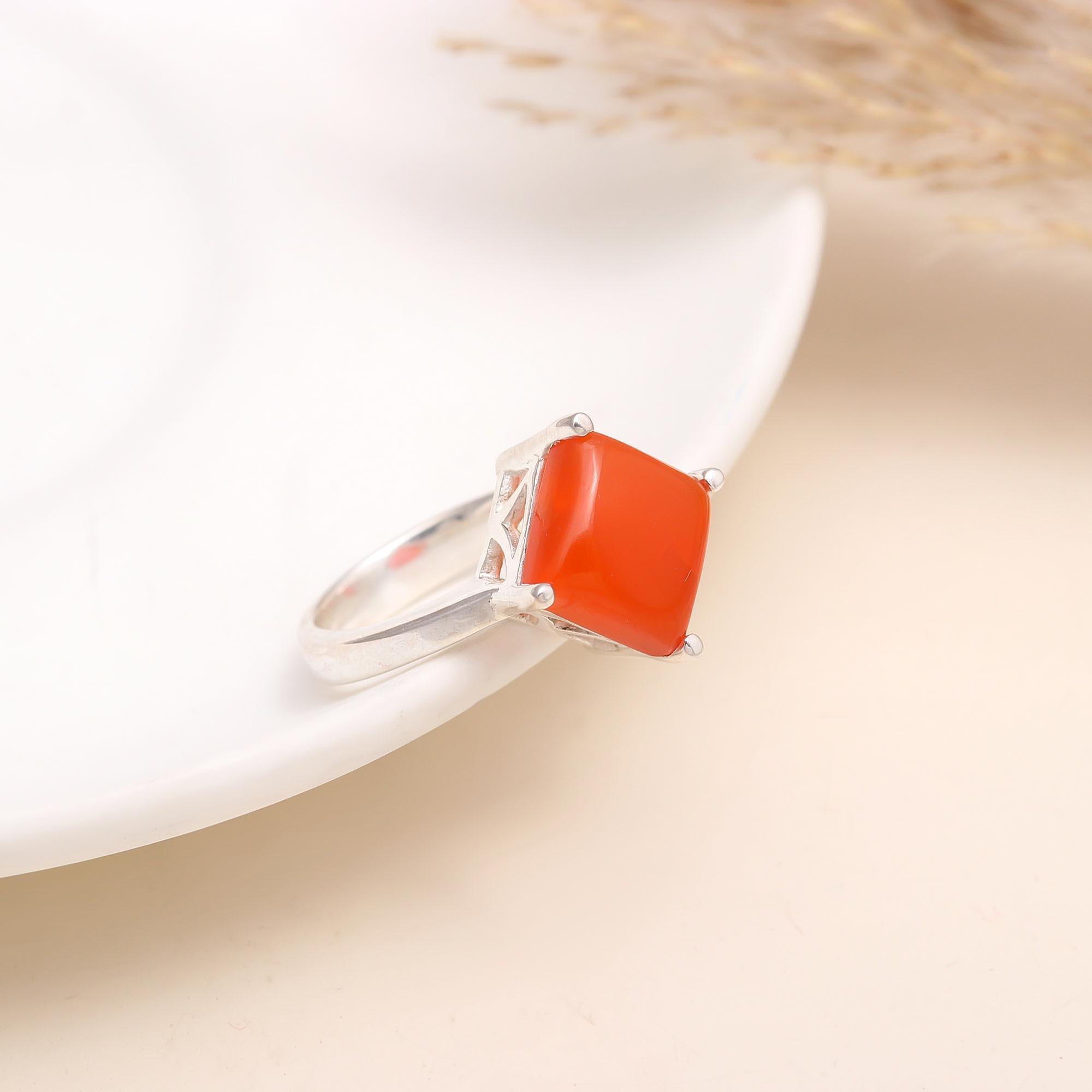 The Fiery Square: Carnelian Cushion Silver Geometric Ring