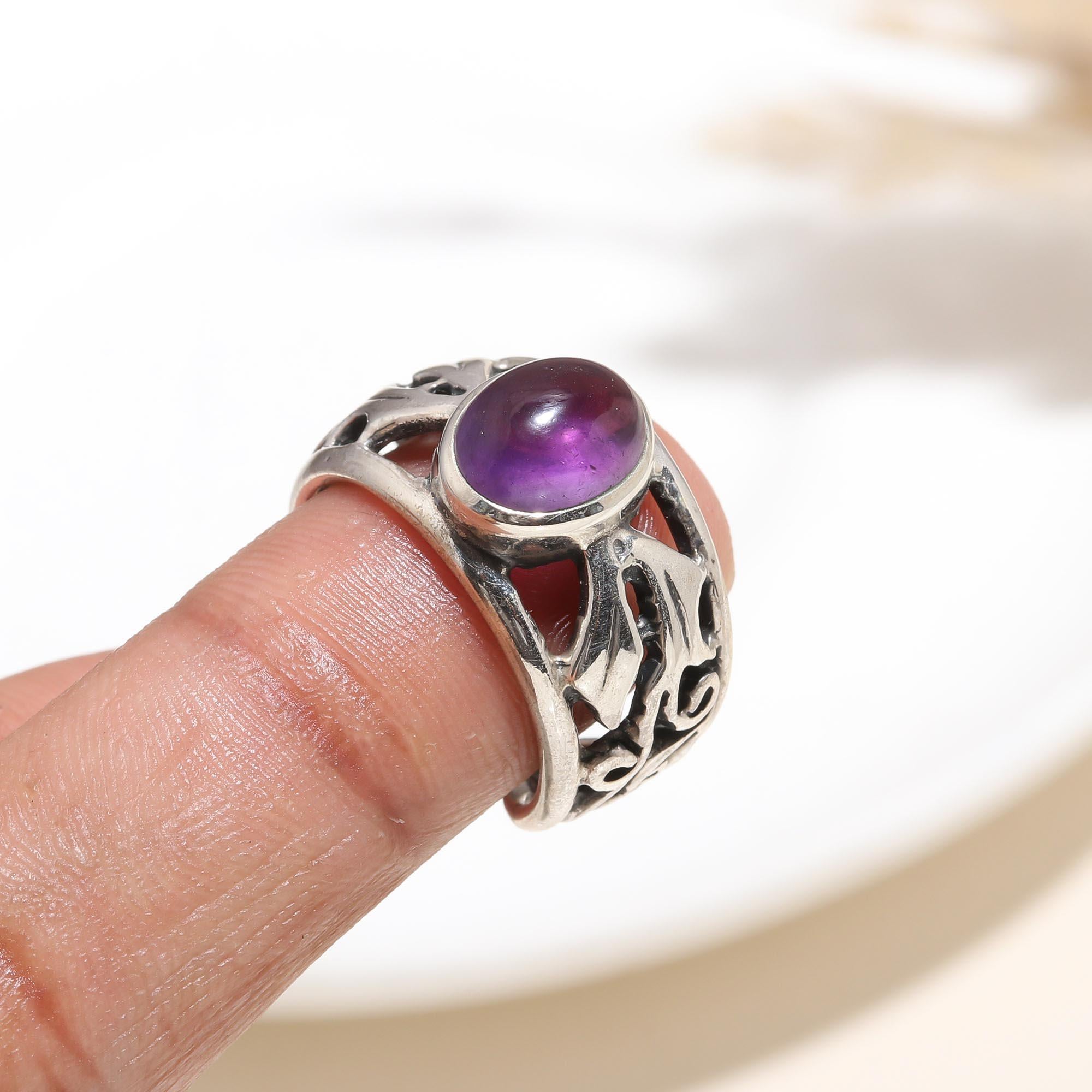 The Violet Scroll: Amethyst Silver Leaf Ring