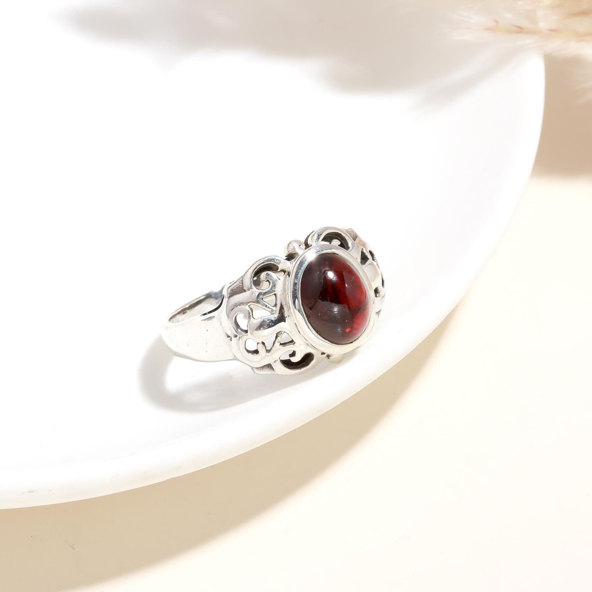 The Crimson Scroll: Garnet Silver Filigree Ring