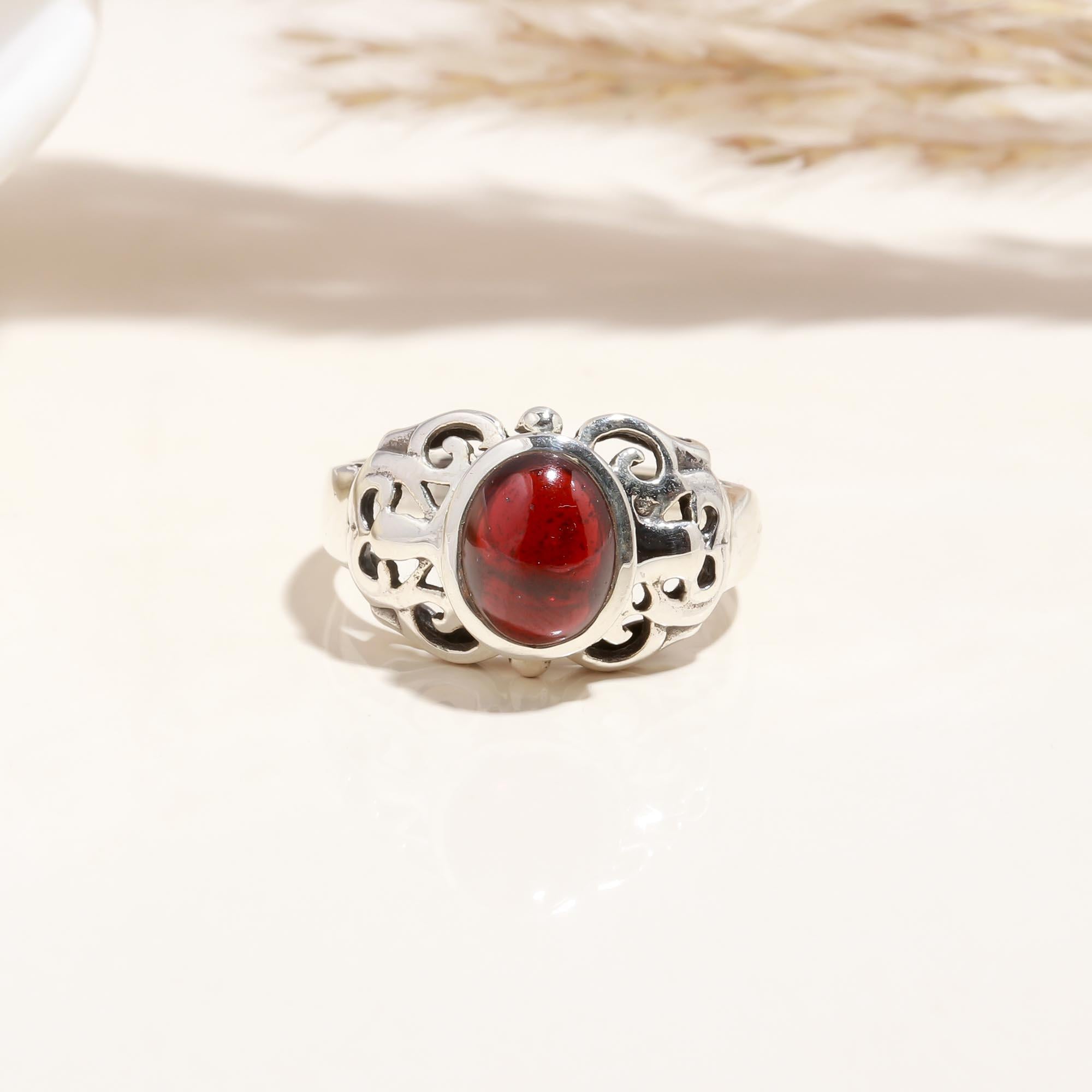 The Crimson Scroll: Garnet Silver Filigree Ring
