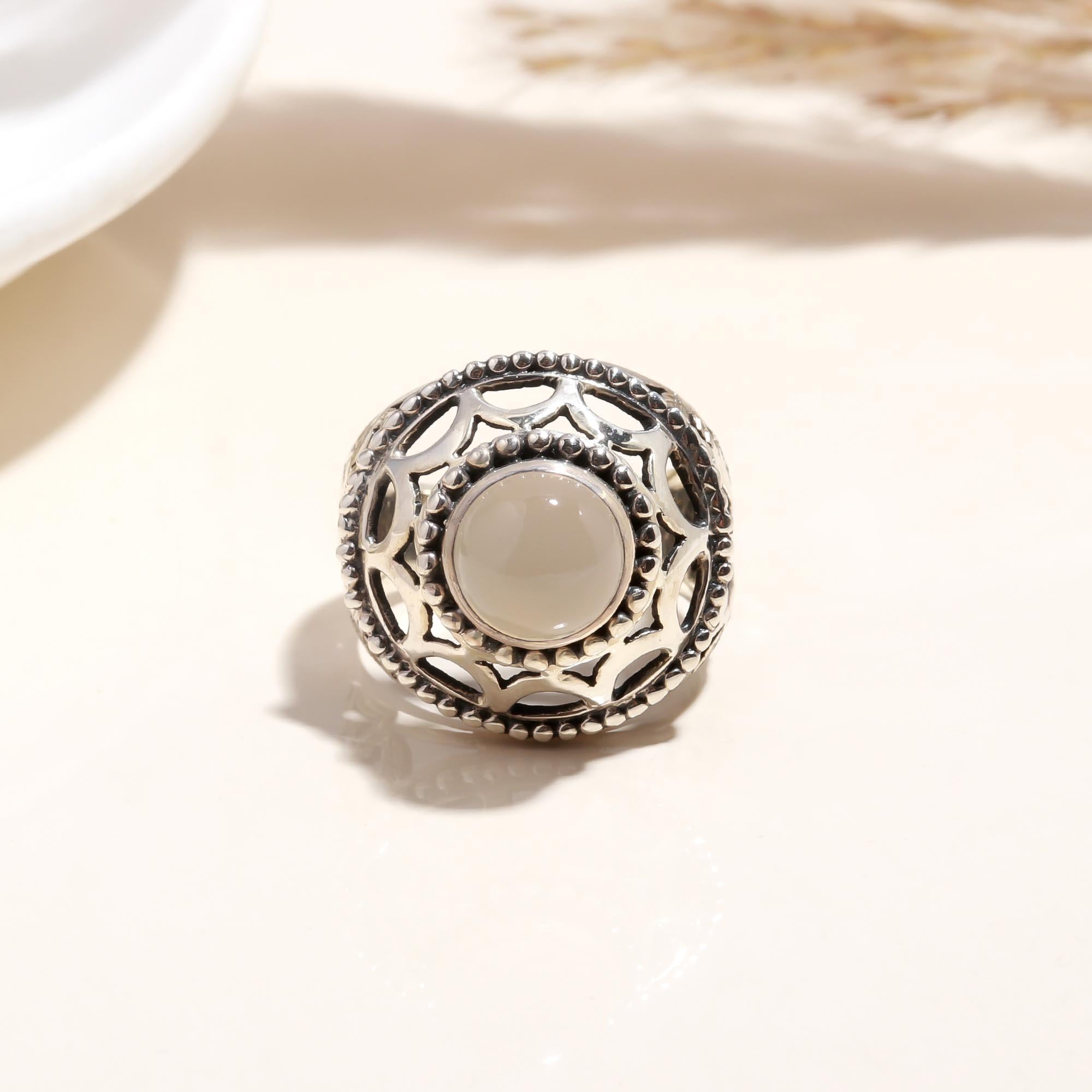 The Lunar Palace: Grey Moonstone & Silver Filigree Ring