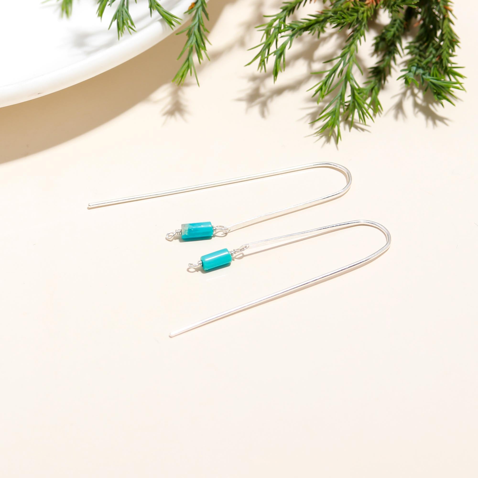 925 Silver Turquoise Long Hook Earrings