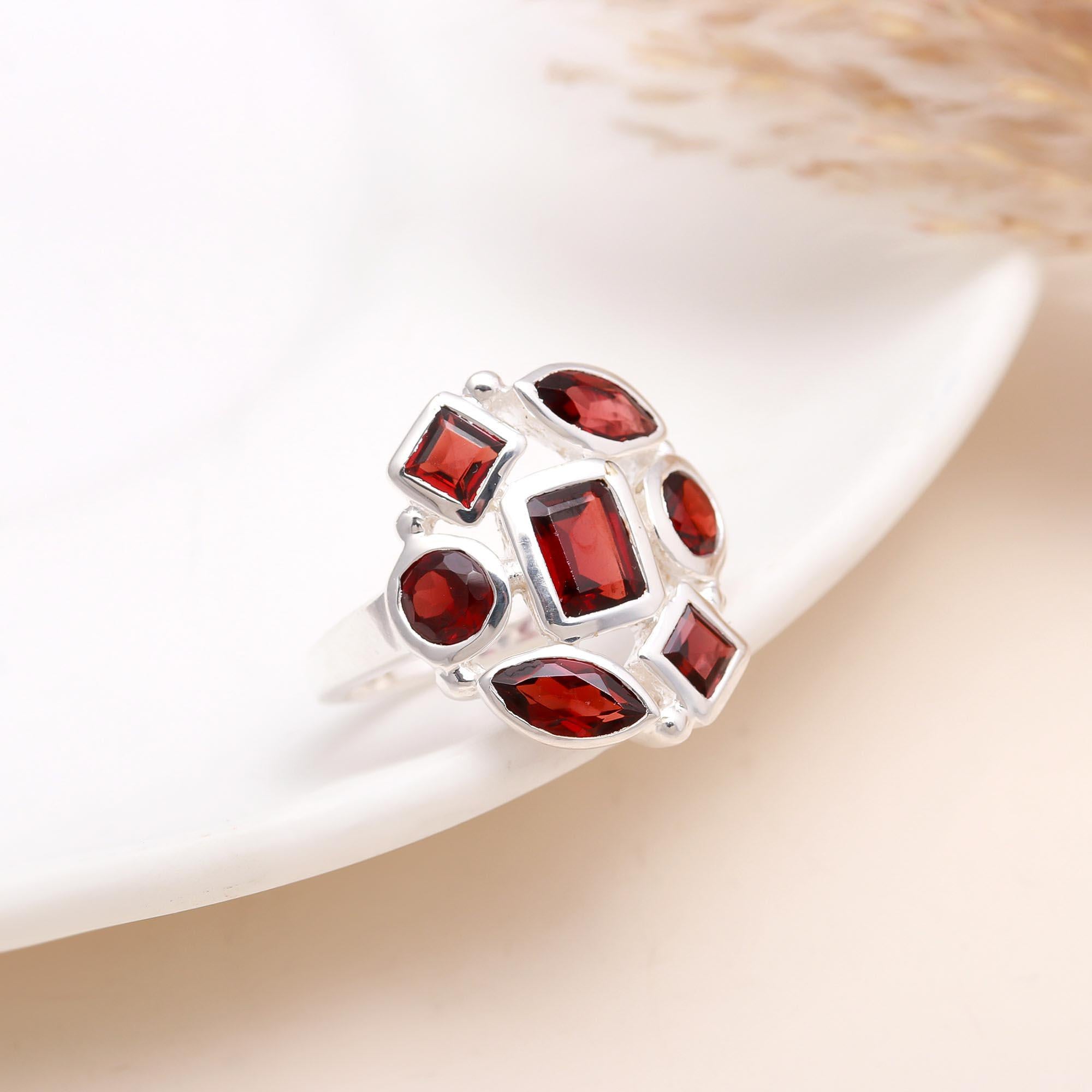The Red Collage: Multi-Shape Garnet Cluster Ring