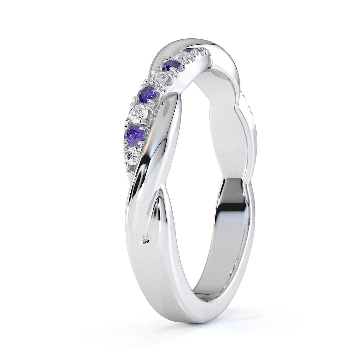 The Cosmic Weave: Iolite & Moissanite Twisted Band