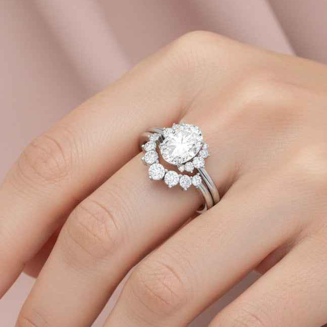 The Celestial Cascade: 1.9ct Oval Moissanite Asymmetrical Ring Set